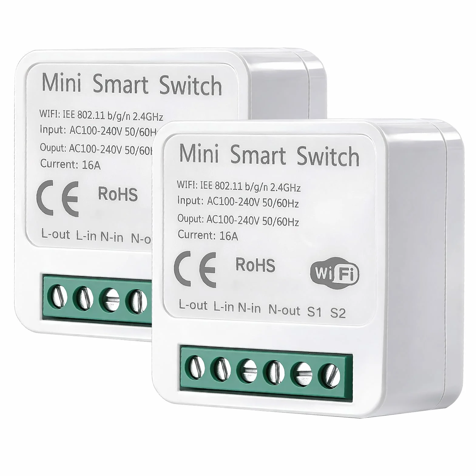 2pcs Interruptor Inteligente WiFi, Smart Switch WIFI Compatible con Alexa Tuya y Smart Life, Mini Interruptor WiFi DIY, Interruptore Inteligente 2.4GHz, Requiere Cable Neutro