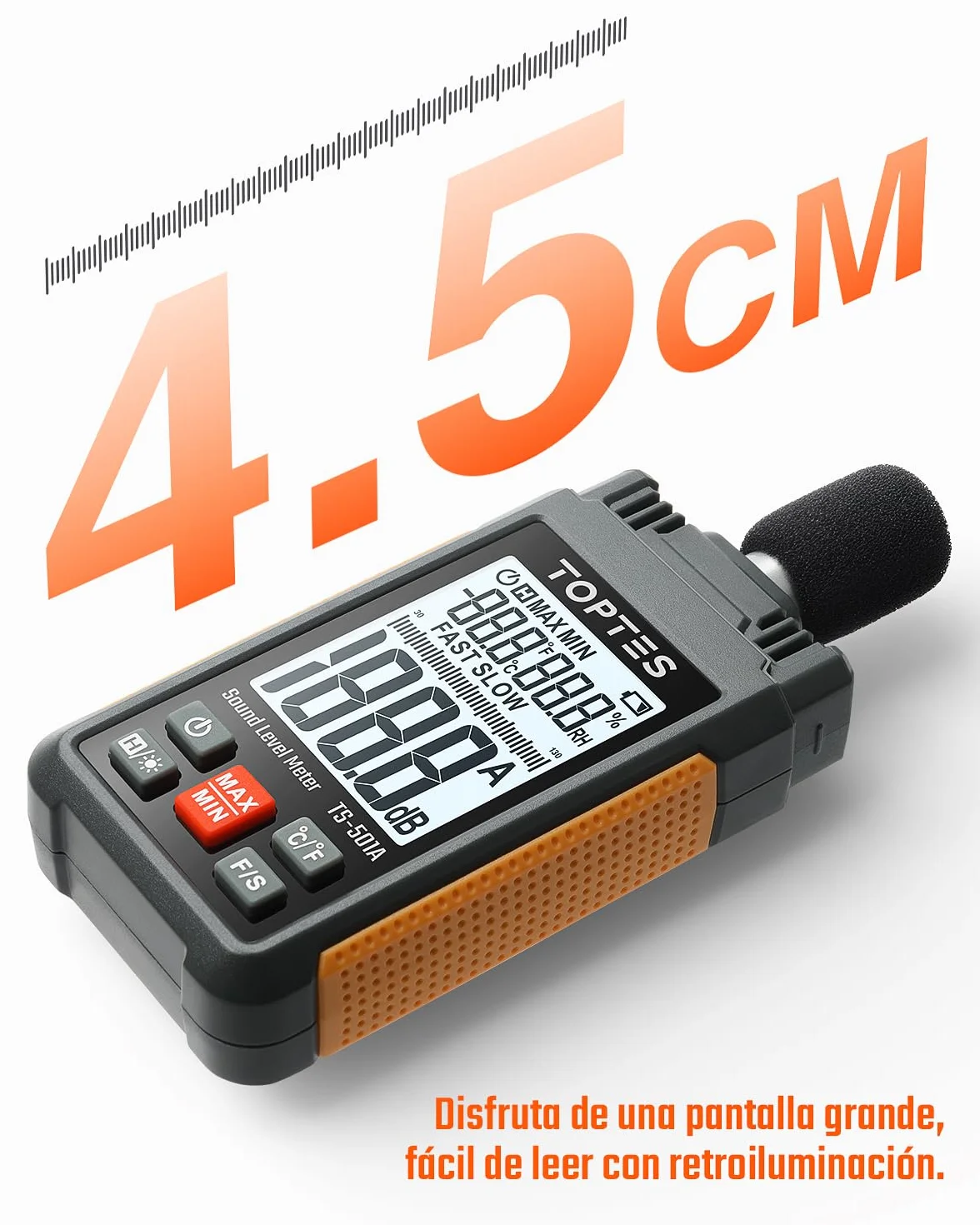 TopTes TS-501A Sonómetro Medidor de Decibelios 30-130 dB LCD 2,25 Pulgadas Naranja