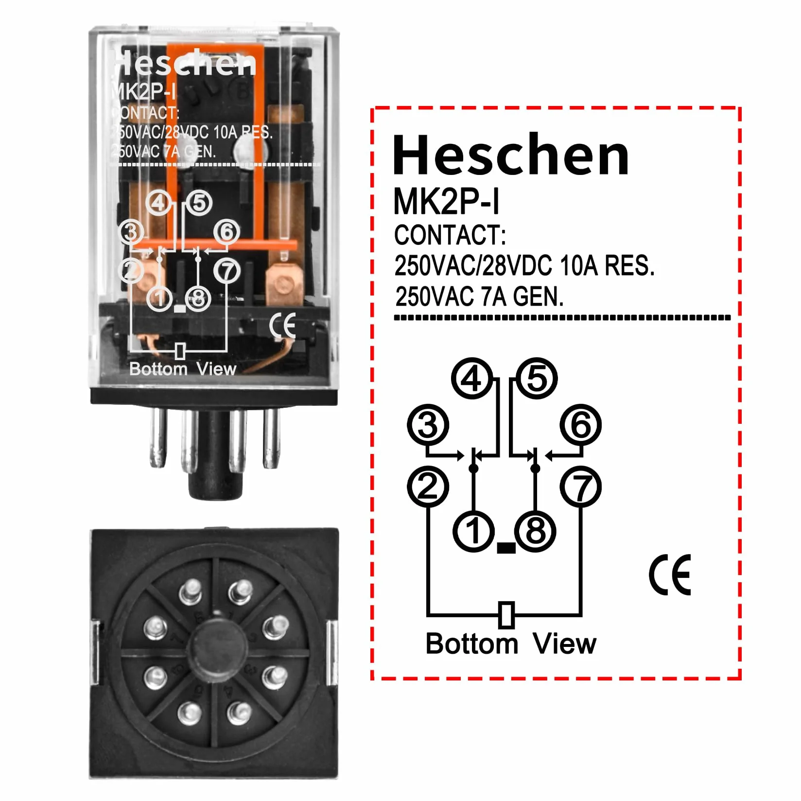Heschen Gereral Relais MK2P-I DC 12V Bobina DPDT 8 pines con conector terminal enchufable PYF83A