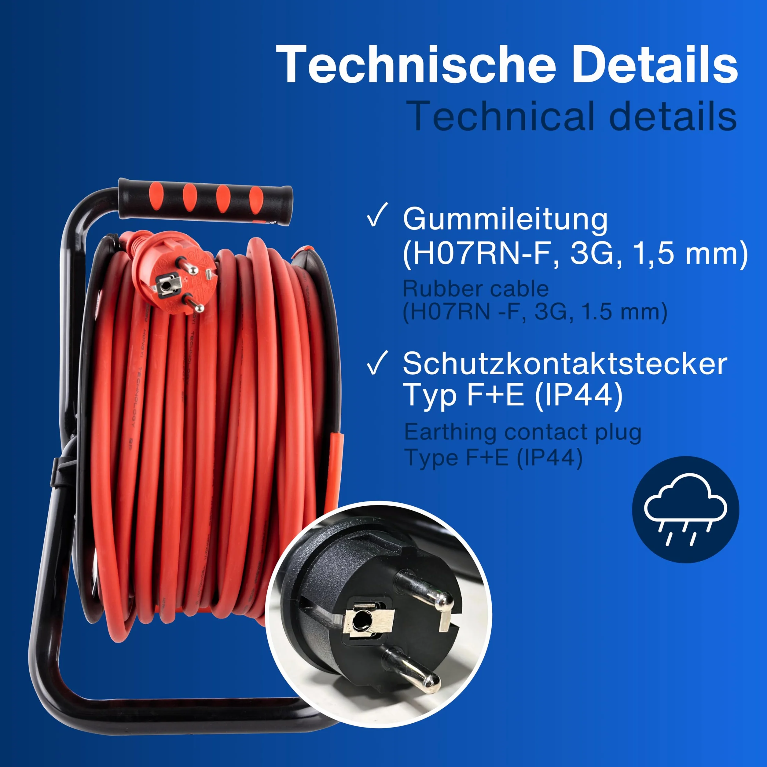 REV Carrete de cable EX, 40 m, H07RN, IP44, 3000 W, cable de extensión, exterior, 4 enchufes, interruptor térmico, rojo | Carcasa robusta | Cable: H07RN – ideal para exteriores