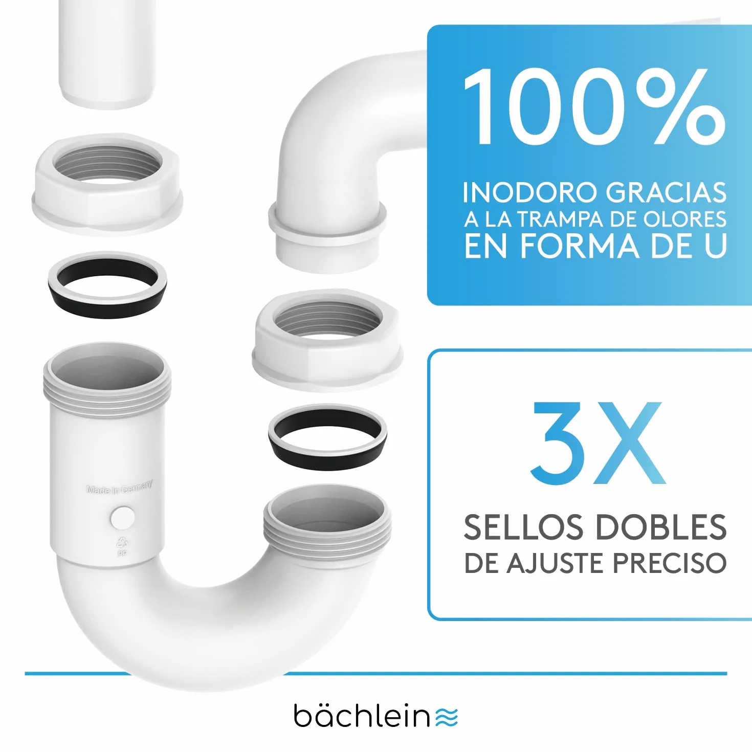 Bächlein G 1 1/4 Sifón de Lavabo Plano 32 mm para Baño - Ahorro de Espacio - Hecho en Alemania