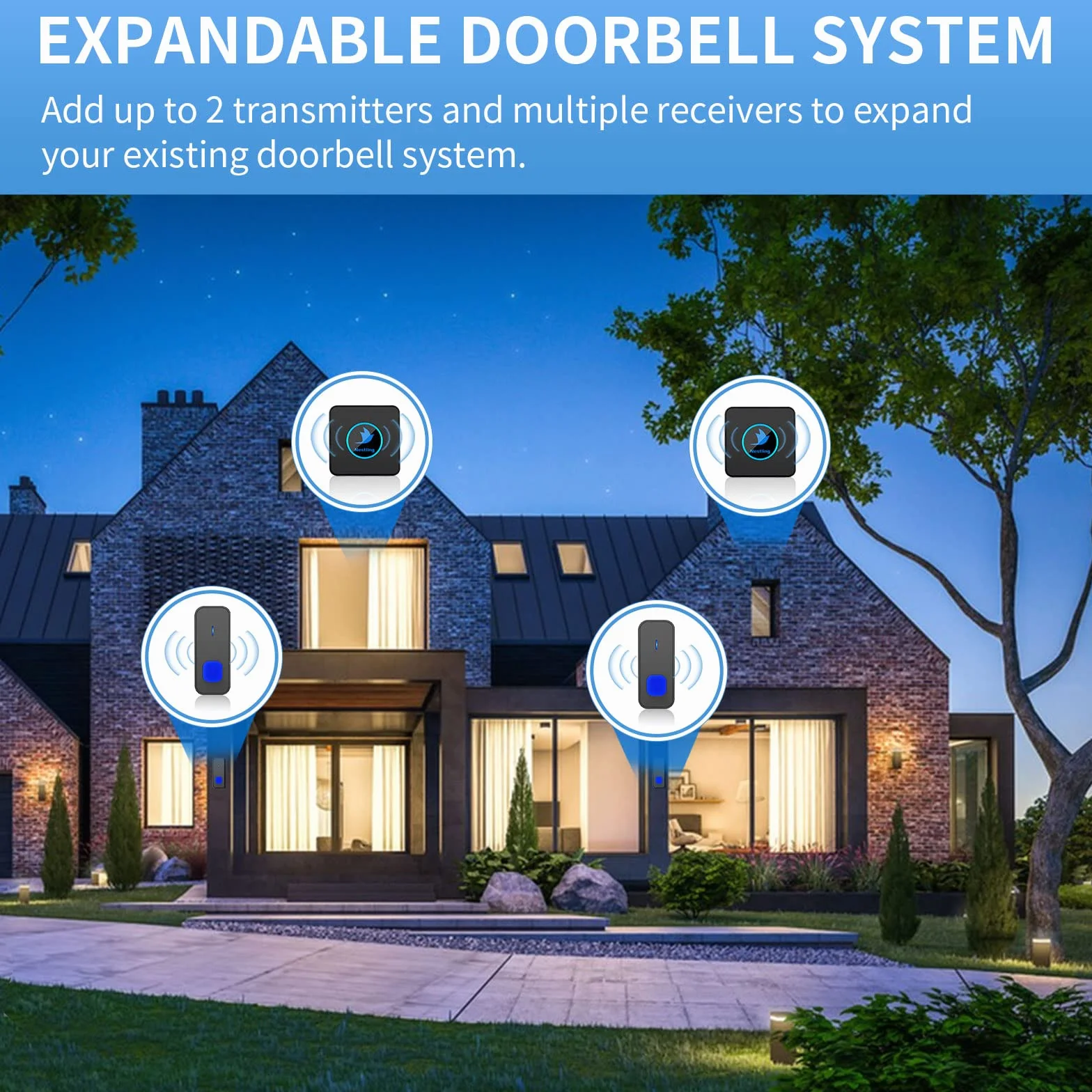 Timbre Inalámbrico Exterior Impermeable，Alcance 1000FT Impermeable IP55 Kit de Timbre Inalambrico, 55 Melodías en 5 Niveles de Volumen, Indicador LED para el Hogar Oficina Hotel de Emergencia, Negro