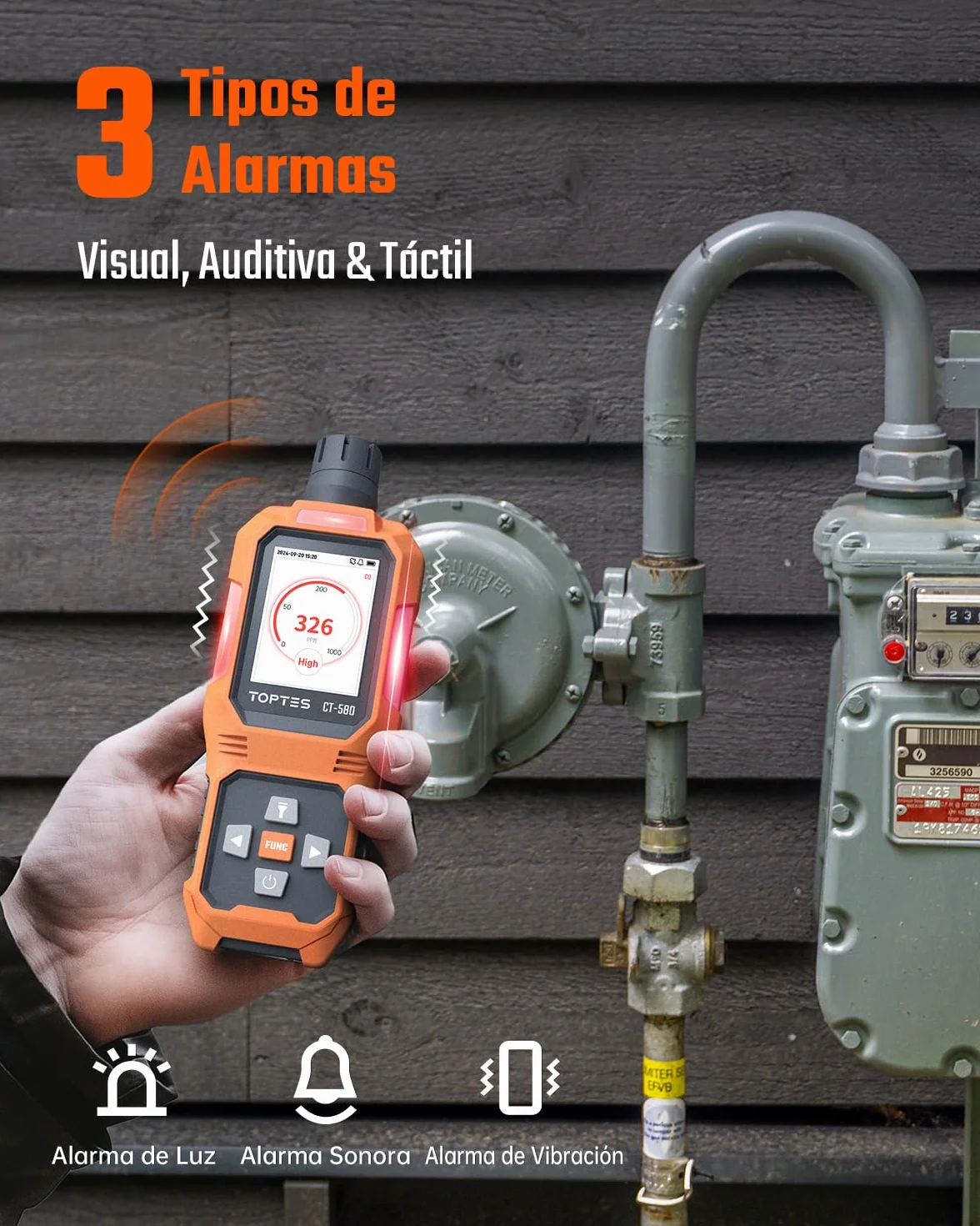 TOPTES CT-580 Detector de monóxido de Carbono, Detector de CO Recargable con alarmas por vibración, visuales y audibles, Alarma CO portátil, 0-1000PPM para el hogar, Coche, Camping y Viajes