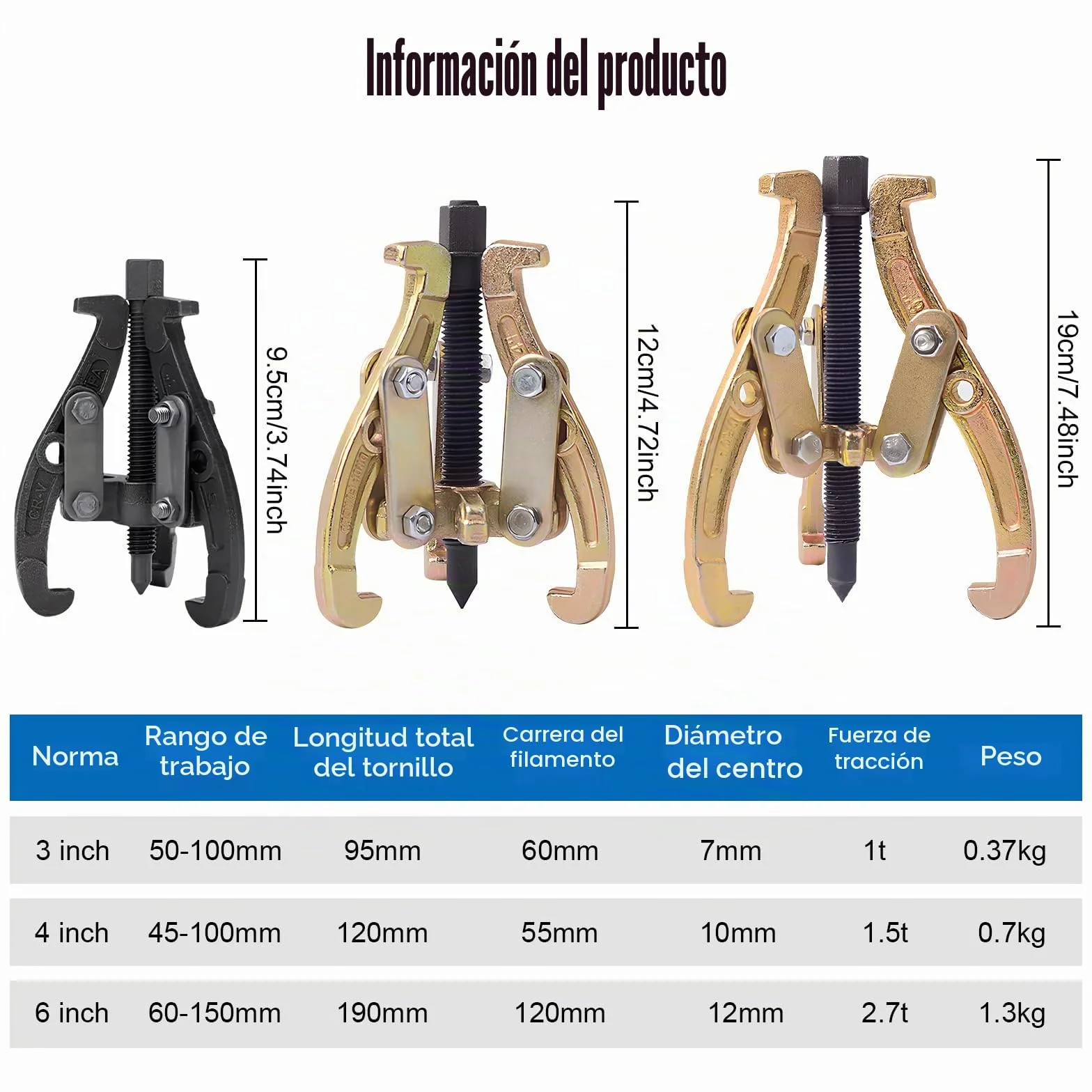 Juego de herramientas de extracción 3 piezas 75/100/150 mm Juego de extractores de garras Extractor de rodamientos para rodamientos de bolas, engranajes deslizantes, volantes, ruedas de vehículos