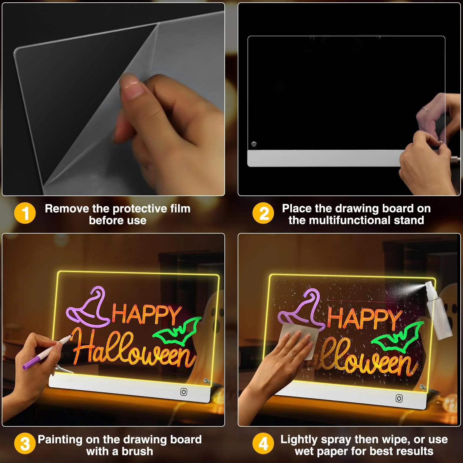 Tablero Acrílico Luminoso LED 30x20cm 7 Colores Bolígrafo Soporte Ajustable