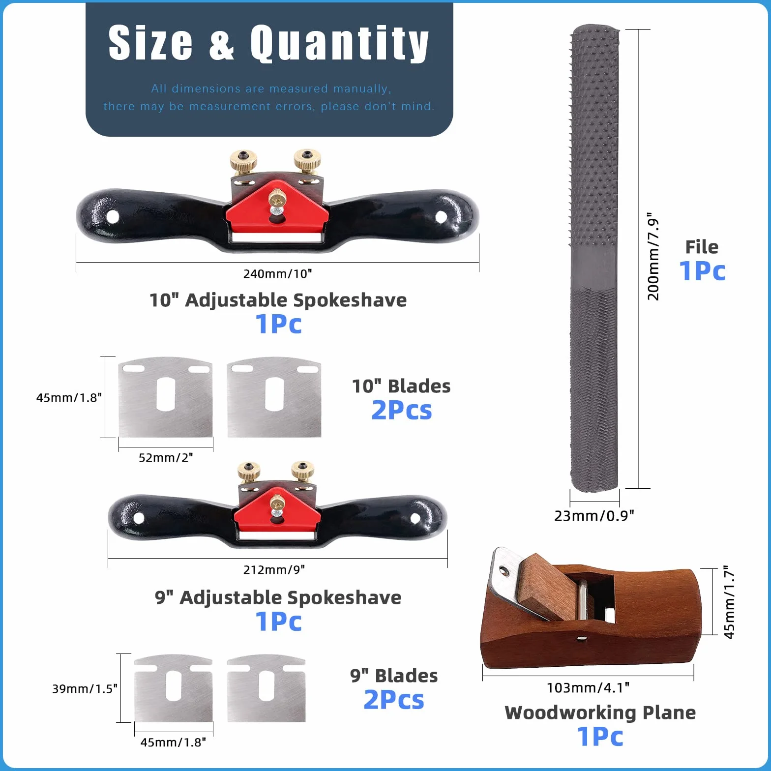 Glarks Juego de radios ajustables (2 piezas) con cuchillas de repuesto, plano para carpintería, lima de 4 vías - G2657 [metal, latón, rojo, negro, plata]
