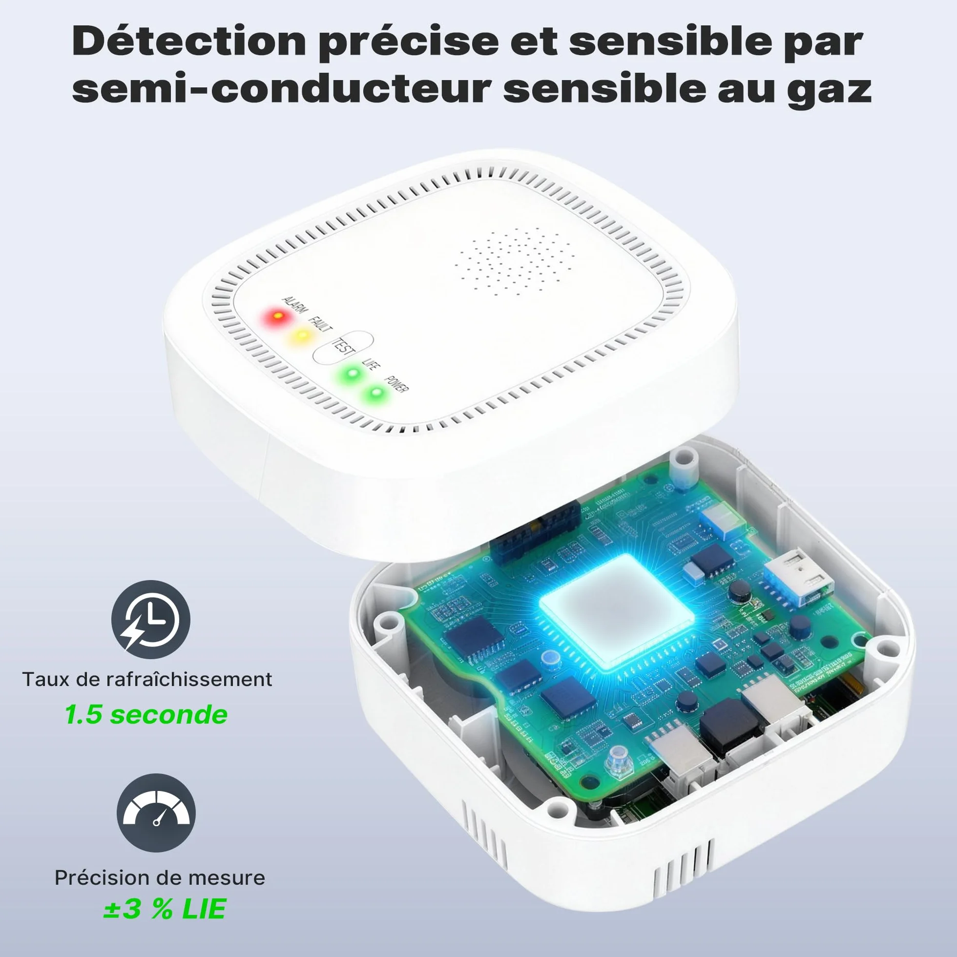 Detector de Gas 100% a Baterías, Detecta Gas Natural GPL Metano Propano con Alarma Acústica y Visual para Casa y Autocaravana (No Incluye Pilas)