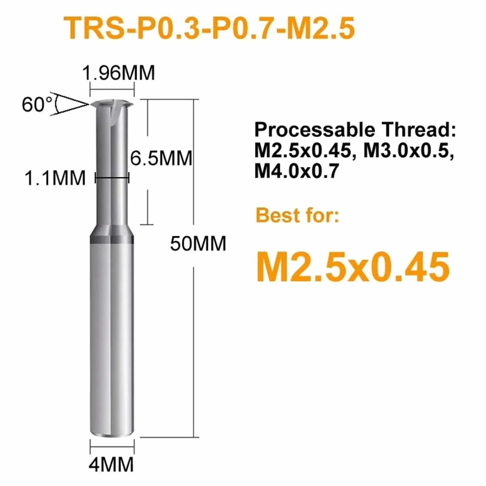 Fresas para metal Fresa de rosca métrica M2 M3 M4 M5 M6 M8 M10, carburo sólido de 60 grados for acero, 1 ud. | 2-TRS-P0.3-P0.7-M2.5