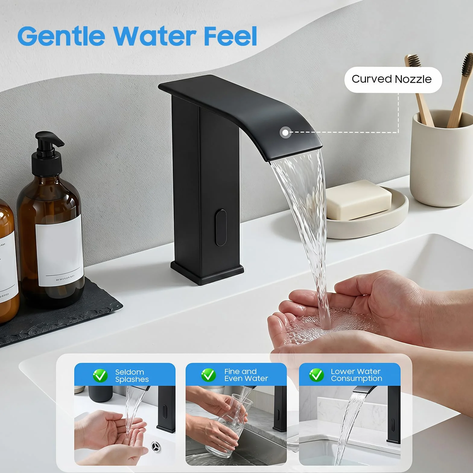 Grifo con sensor infrarrojo | Grifo de cocina sin contacto con válvula de cerámica – Detección automática, acero inoxidable 304, rosca NPT1/2" (negro)