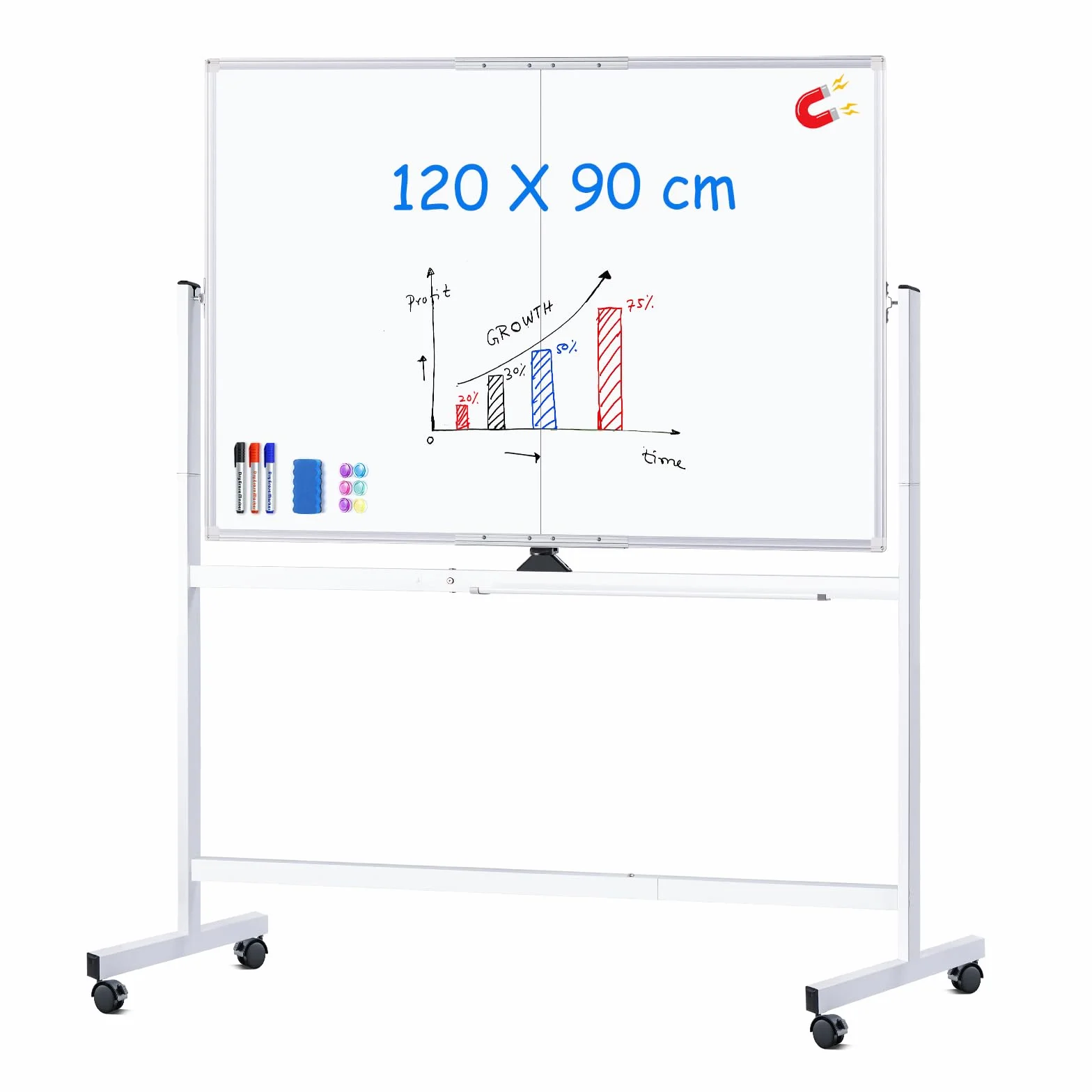 Maxtek Pizarra Blanca con Ruedas 120x90 cm Doble Cara Marco Aluminio Magnética Móvil