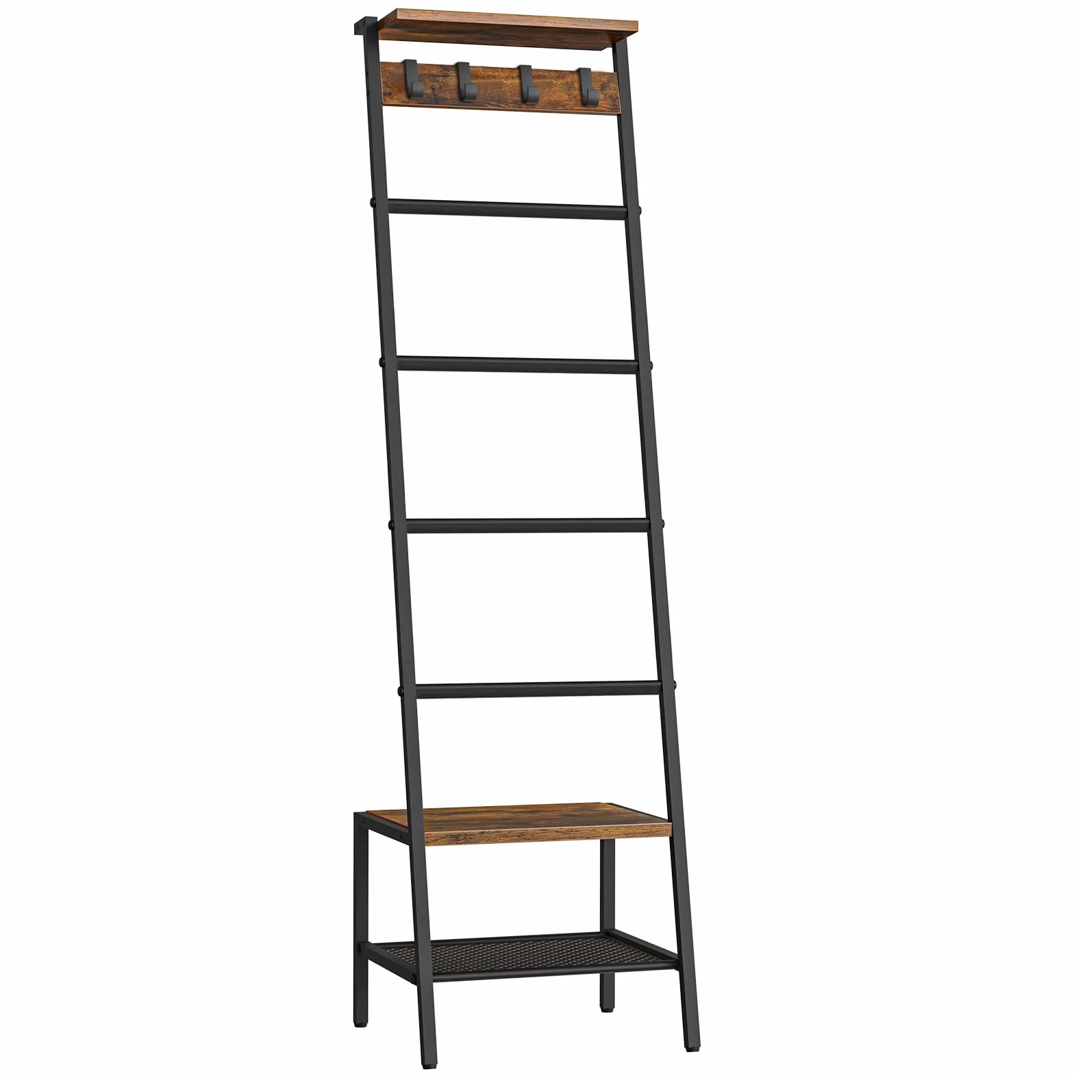 HOOBRO Toallero Escalera, Estantería para Mantas de * Niveles, para Salón y Dormitorio, con Ganchos, Marco de Metal, Forma de Jirafa, Estilo Industrial, Marrón Rústico y Negro EBF13CJ01