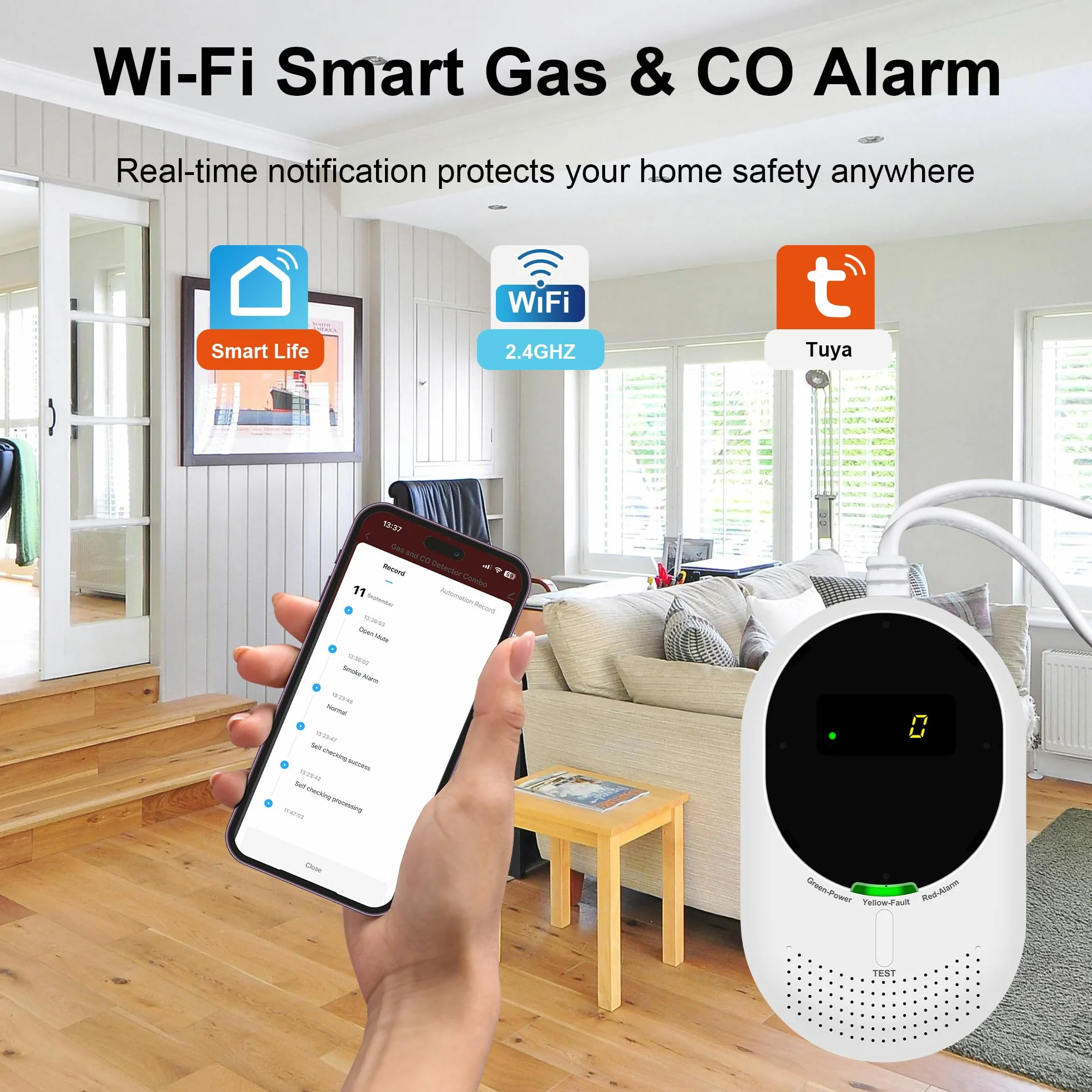Detector de Gas y Monóxido de Carbono WiFi con Pantalla LCD, Smart Life, Certificado EN 50291/EN 50194, 1 Pack