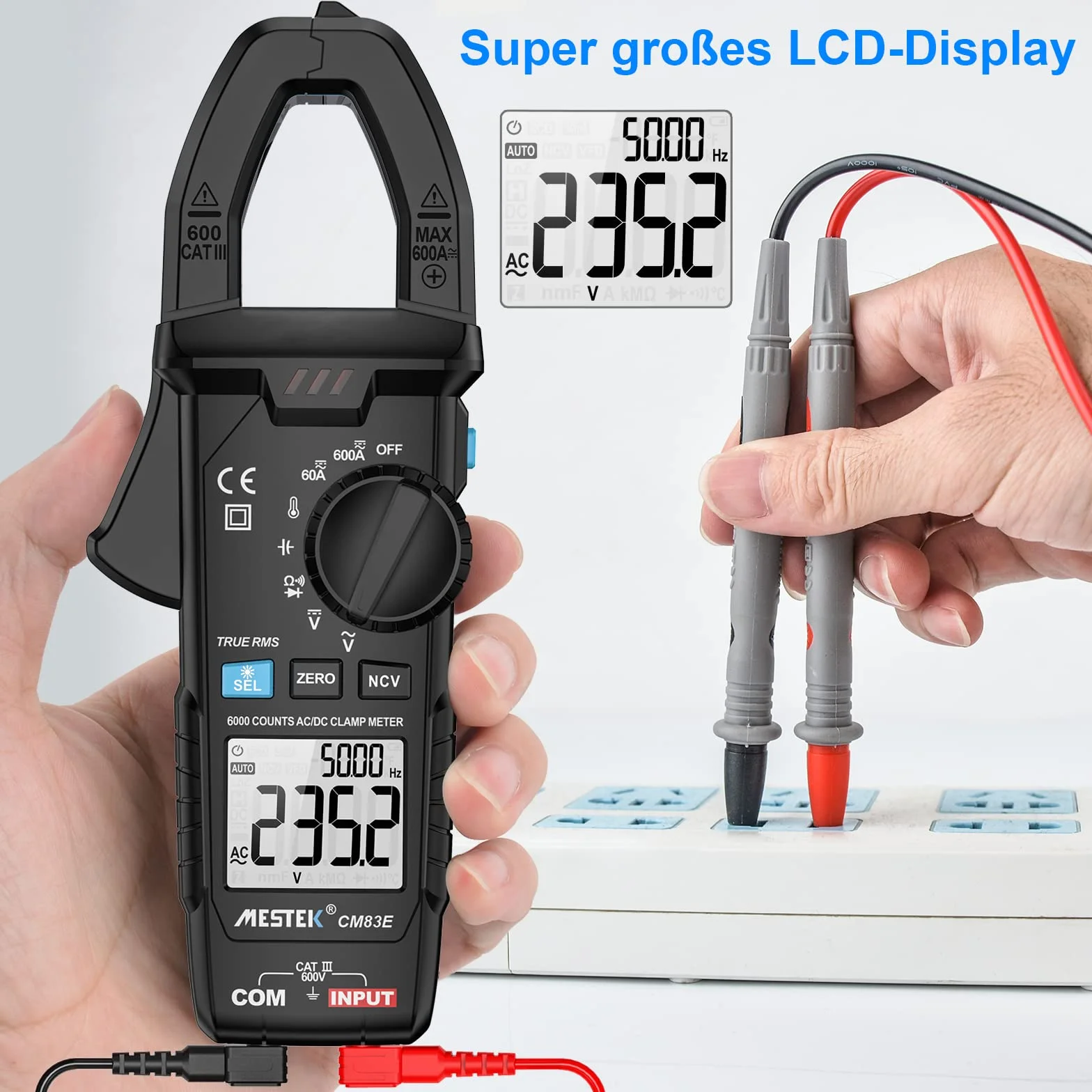 Pinza Amperimetrica Multimetro MESTEK Polimetro Digital Profesional Clamp Meter AC DC Corriente Voltaje CA/CC T-RMS Amperímetro Autorango Resistencia/Frecuencia/Temperatura Bateria NCV VFC 6000Cuentas