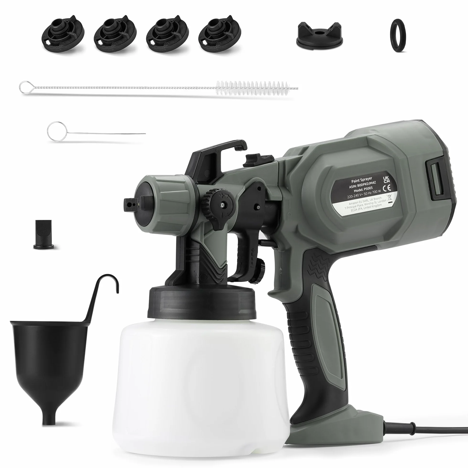Amazon Basics Pistola Pulverizadora Eléctrica 700W con Depósito de 1.200ml, 4 Boquillas y 3 Modos de Pulverización, para Interior y Exterior, Gris