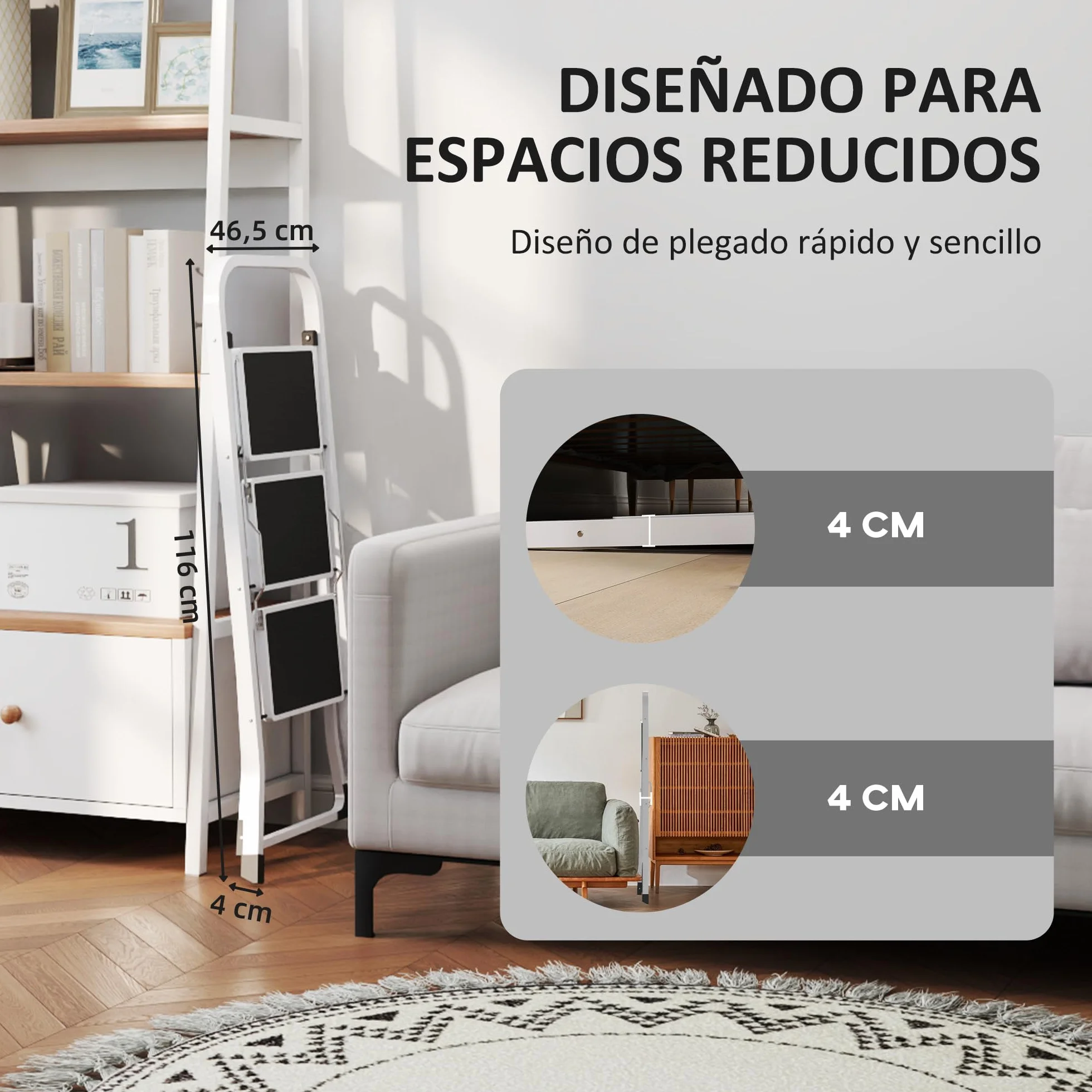 HOMCOM Escalera Plegable de 3 Peldaños Escalera de Tijera Carga hasta 150 kg con Pedal Antideslizante Fácil de Guardar y Transportar para Hogar Cocina Oficina Blanco