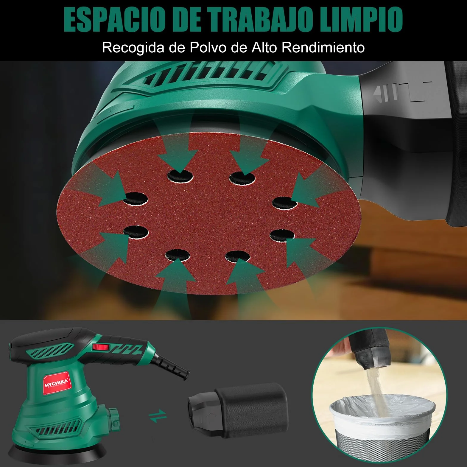 HYCHIKA Lijadora Orbital 300W, Lijadora Rotorbital con Motor de Cobre Puro, 6 Velocidad, 13000RPM, 12PCS Lija de 125mm (240/120/80 Grano), con Bolsillo Lavable de Recogida, para Lijar Madera y Metal
