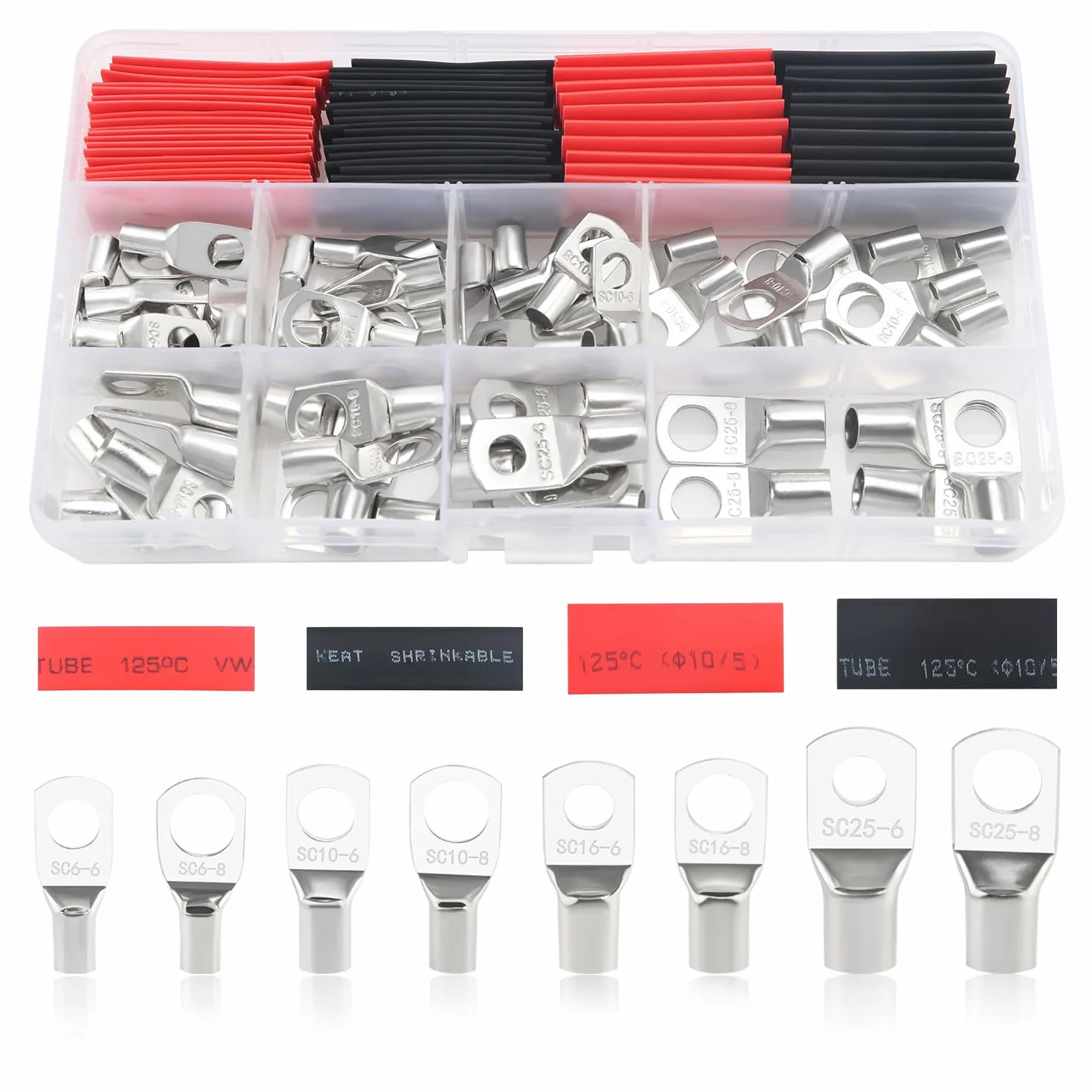 YIXISI 120 Piezas Terminales de Anillo M6/M8 Kit Conectores Tubulares para Cable Eléctrico con Tubos Termorretráctiles Plata