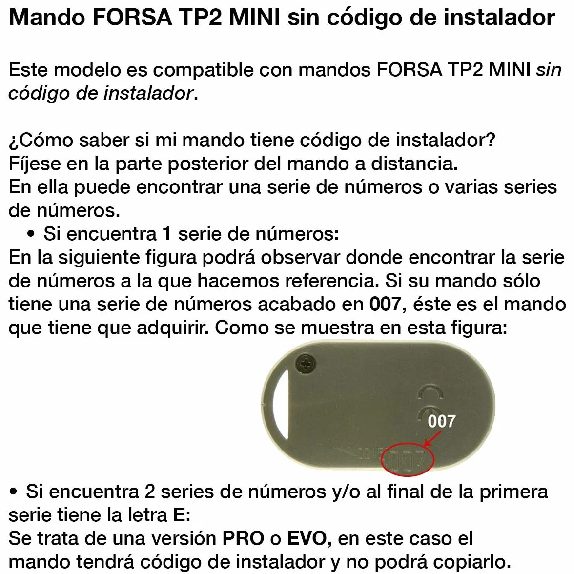 FORSA TP2 MINI Mando Garaje Frecuencia 868 MHz Válido Puertas de Garaje Forsa