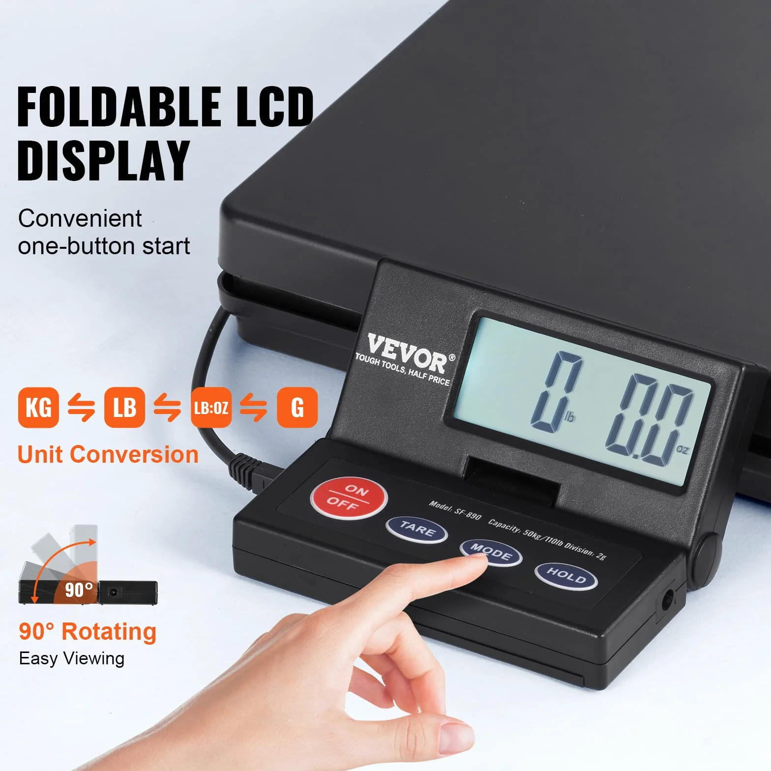 VEVOR Balanza Digital para Envíos 10g-50kg Báscula de Paquetes Precisión 2g Pantalla LCD Plegable 90° Alimentada por CA/CC Certificado FCC