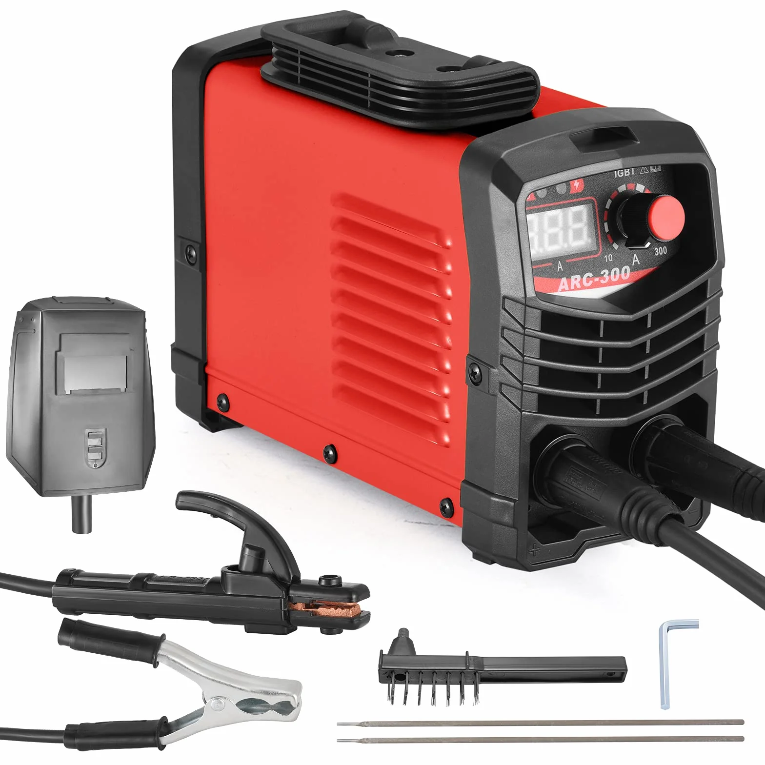 IGBT - Soldadora inversora 300 A ARC MMA con pantalla LCD, portátil, 220 V, incluye soplete de soldadura, abrazadera de masa, gafas protectoras, guantes, cepillo y electrodos de varilla, color rojo