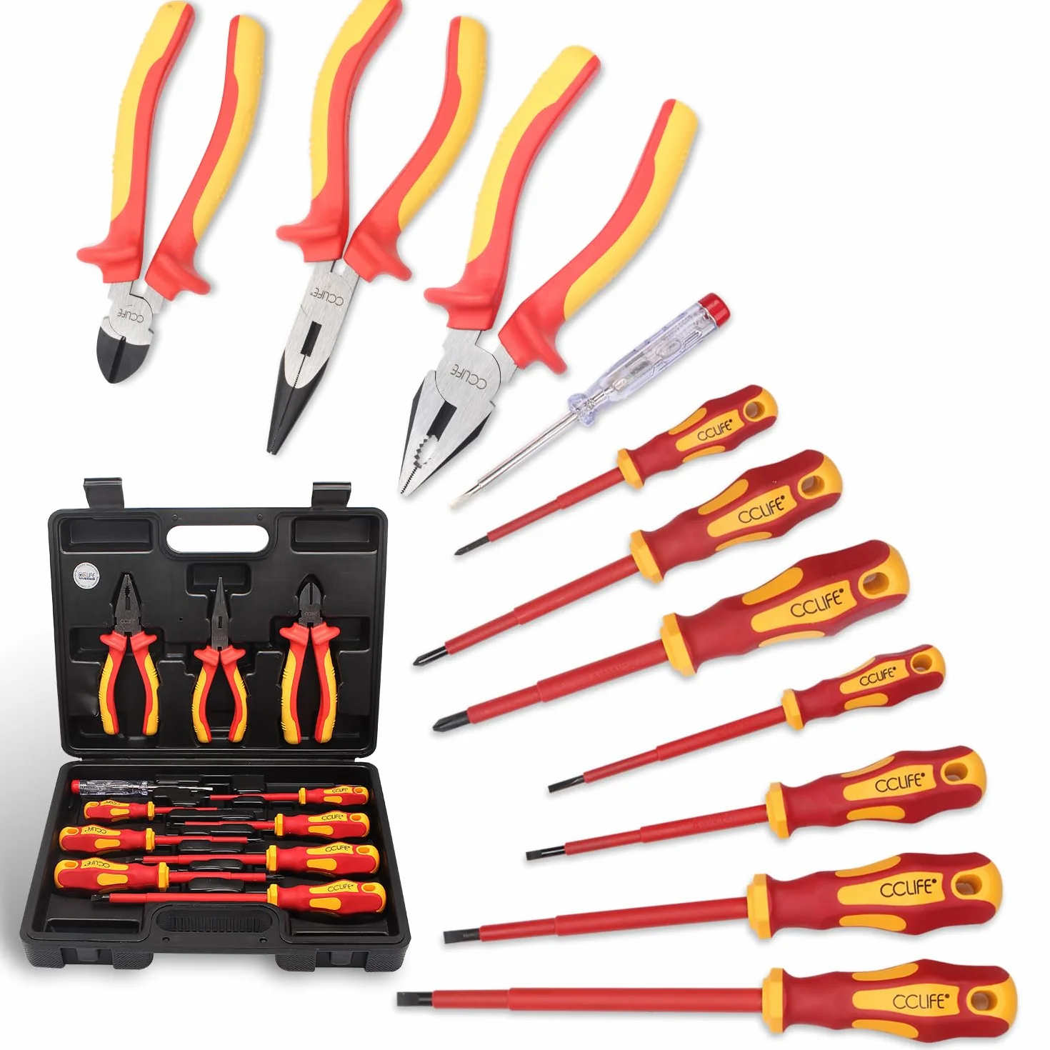 CCLIFE 11 piezas Destornilladores Aislados VDE, Juego Alicates Electricista, Buscapolos Electricista 1000V y Destornilladores Phillips y Destornillador Plano