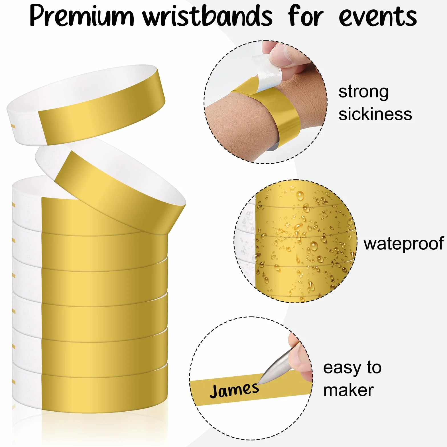 Pulseras de papel resistentes al agua para eventos, festival, concierto - 400 unidades (dorado)