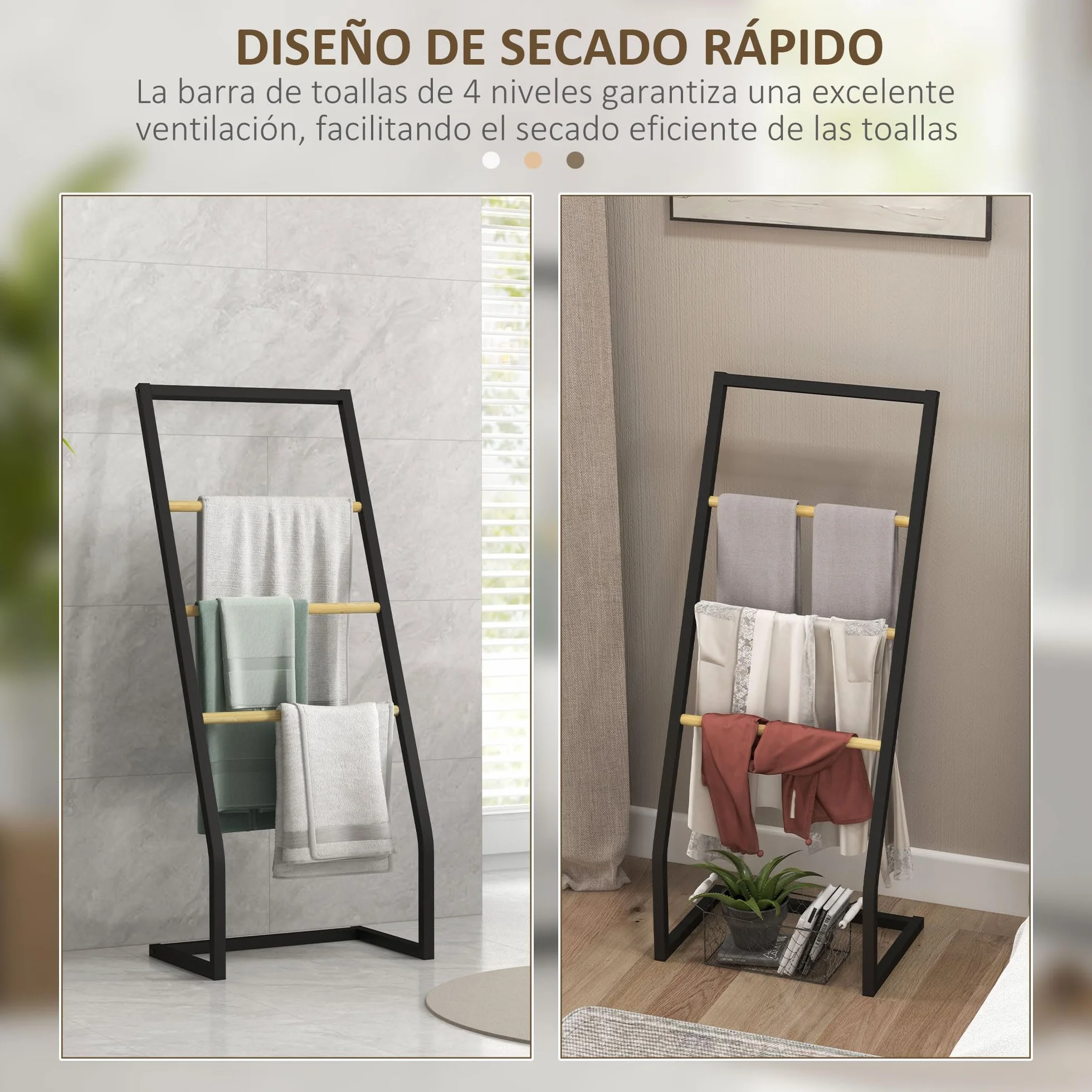 HOMCOM Toallero de Pie Toallero para Baño con 4 Barras de Bambú y Acero para Lavadero 40,5x28x98 cm Negro y Natural