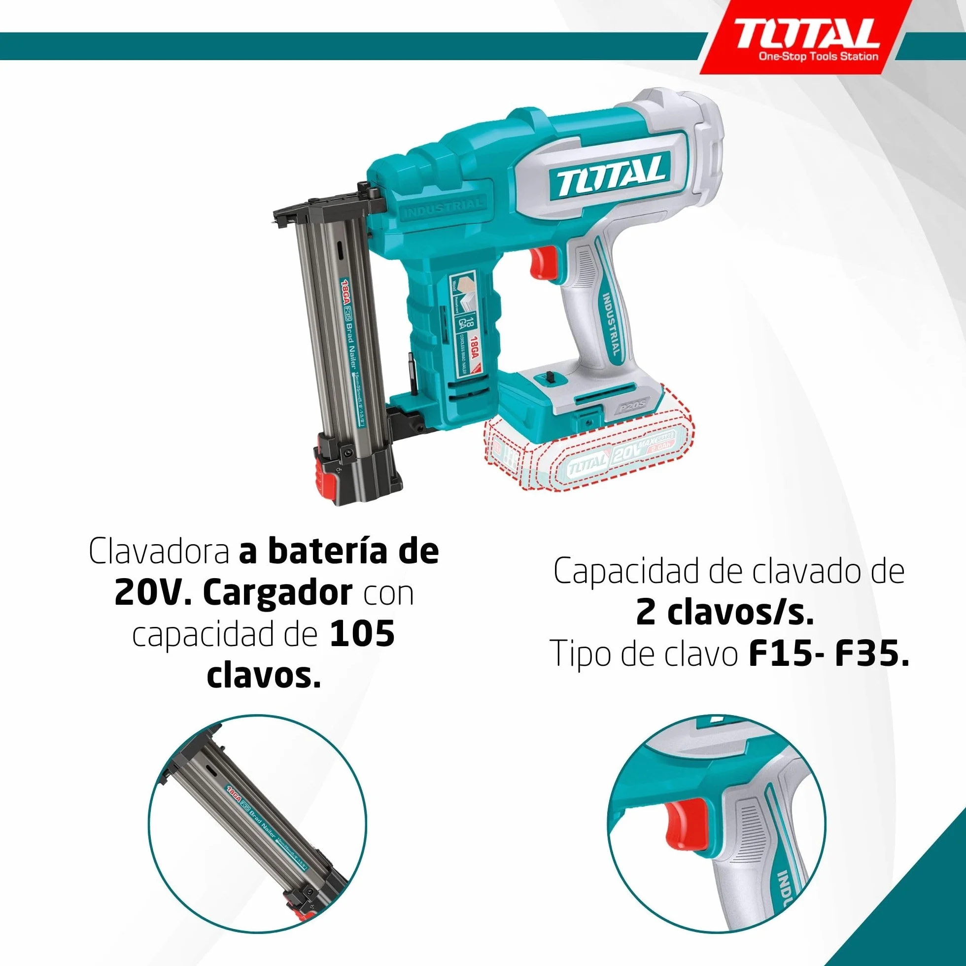 TOTAL - Clavadora a Batería 20V Profesional; 2 Clavos; Compatible F15-F35; Cargador 105 Clavos; Modelo TCBNLI2005; Herramienta Eléctrica sin Batería ni Cargador