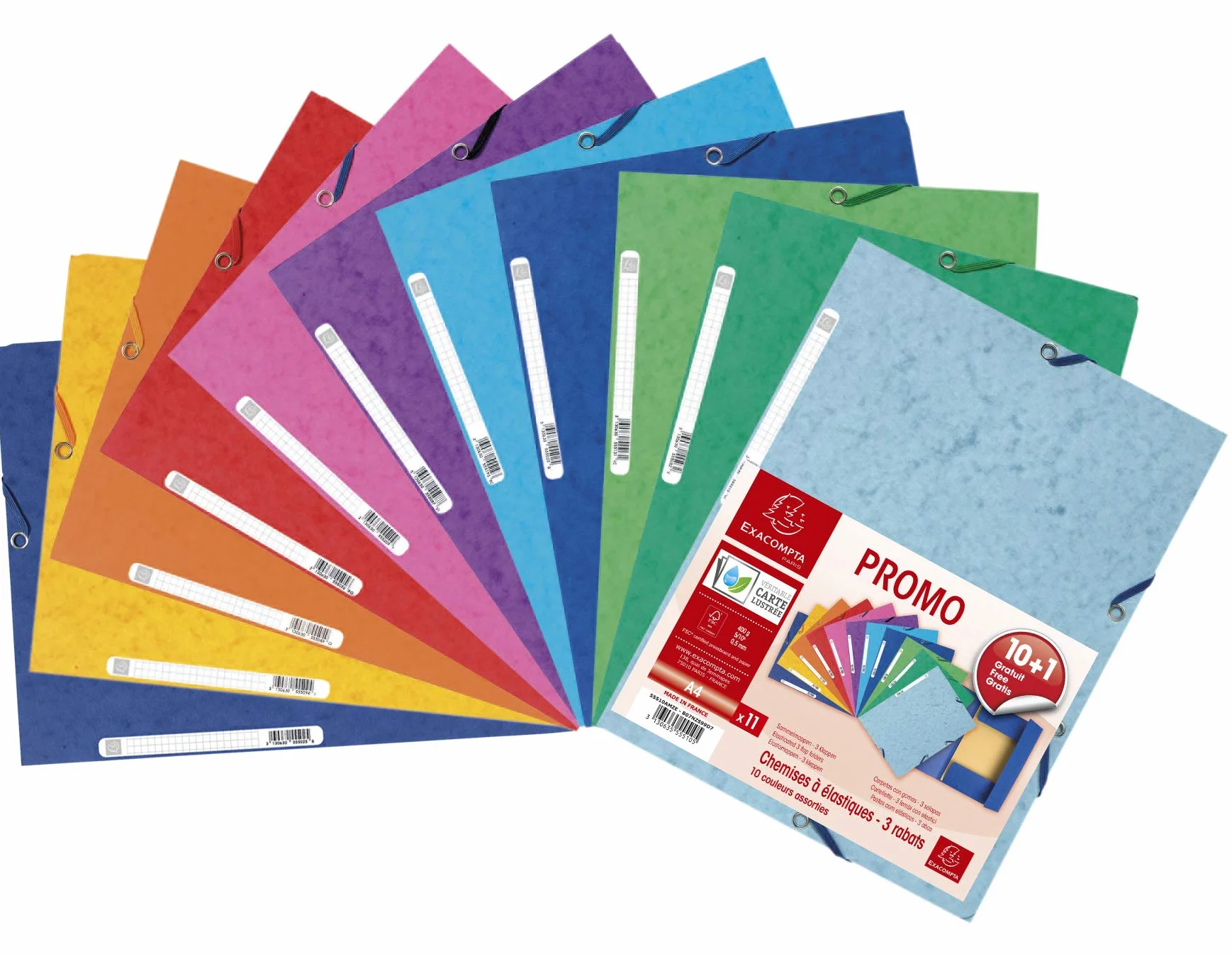 Exacompta Lote 11 Carpetas c/gomas 3 solapas 24x32cm Cartulina 400g Colores surtidos