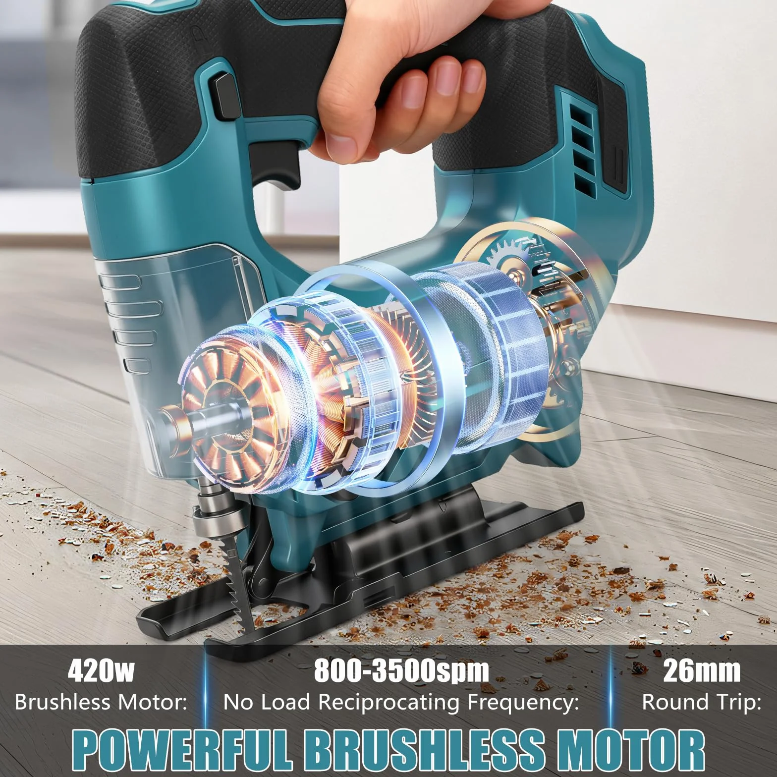 Roadtime Sierra de calar inalámbrica de 420 W para batería Makita de 18 V (sin baterías), motor sin escobillas 800-3500 RPM, ángulo de biselado máximo de 45°, carrera de corte de 26 mm, 6 cuchillas