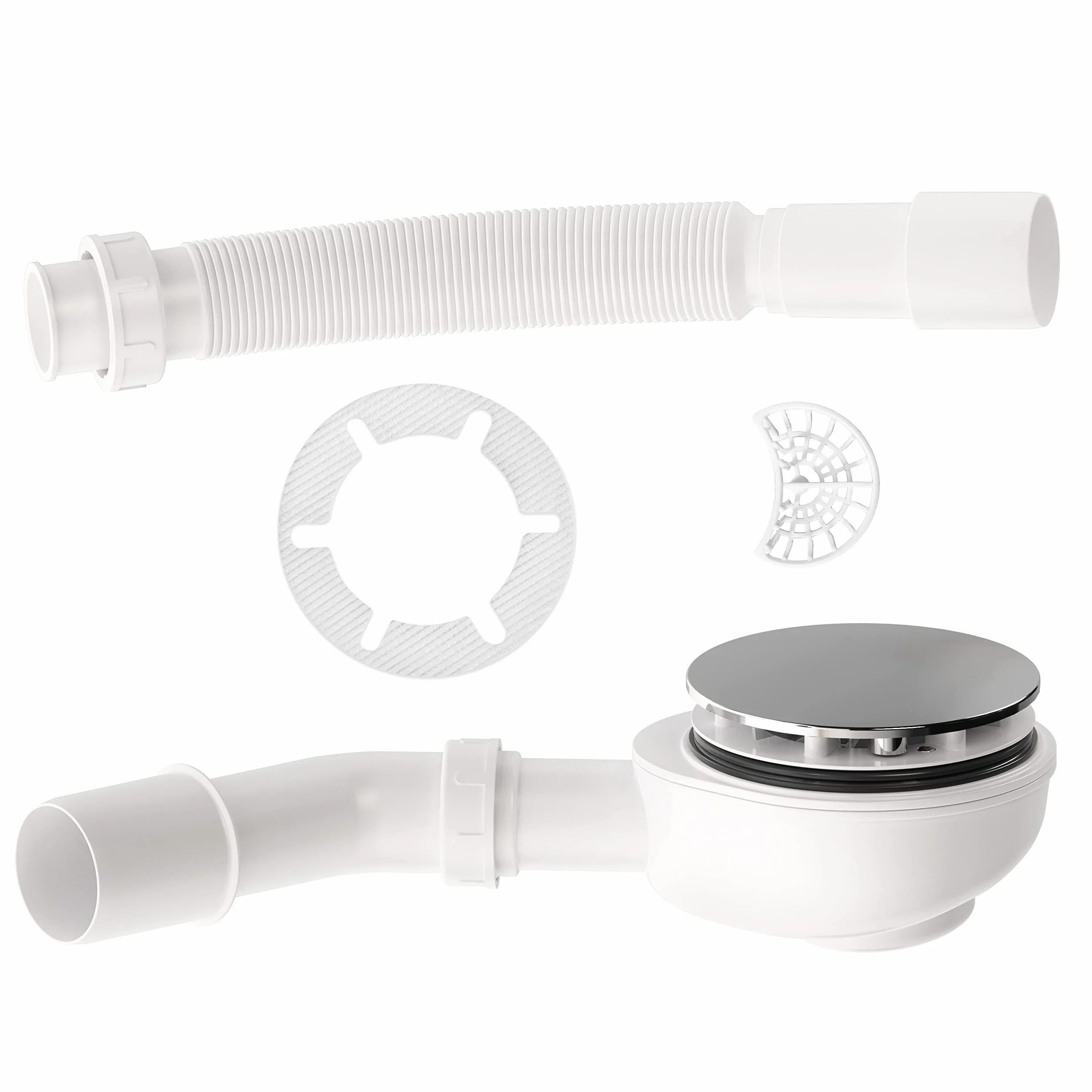 Aquabad juego de desagüe para plato de ducha de 90 mm – con elegante tapa cromada, filtro y recogepelos extraíbles, sistema antirretorno de olores y alto caudal de 37,2 L/min