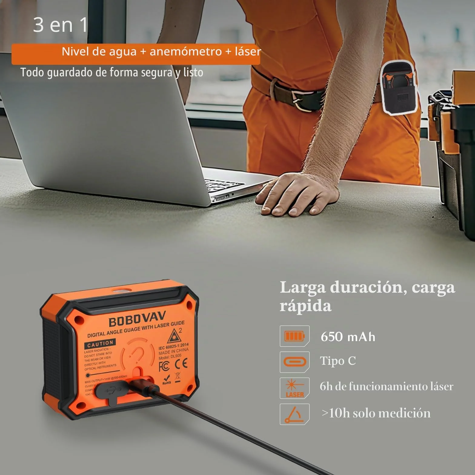 Inclinometro Digital con Laser Magnética Vertical, Horizontal, Impermeable IP54 Recargable 0-90°-180°, nivel de Burbuja de 10 m para Carpintería, Sierra Ingletadora, Marcos Colgantes