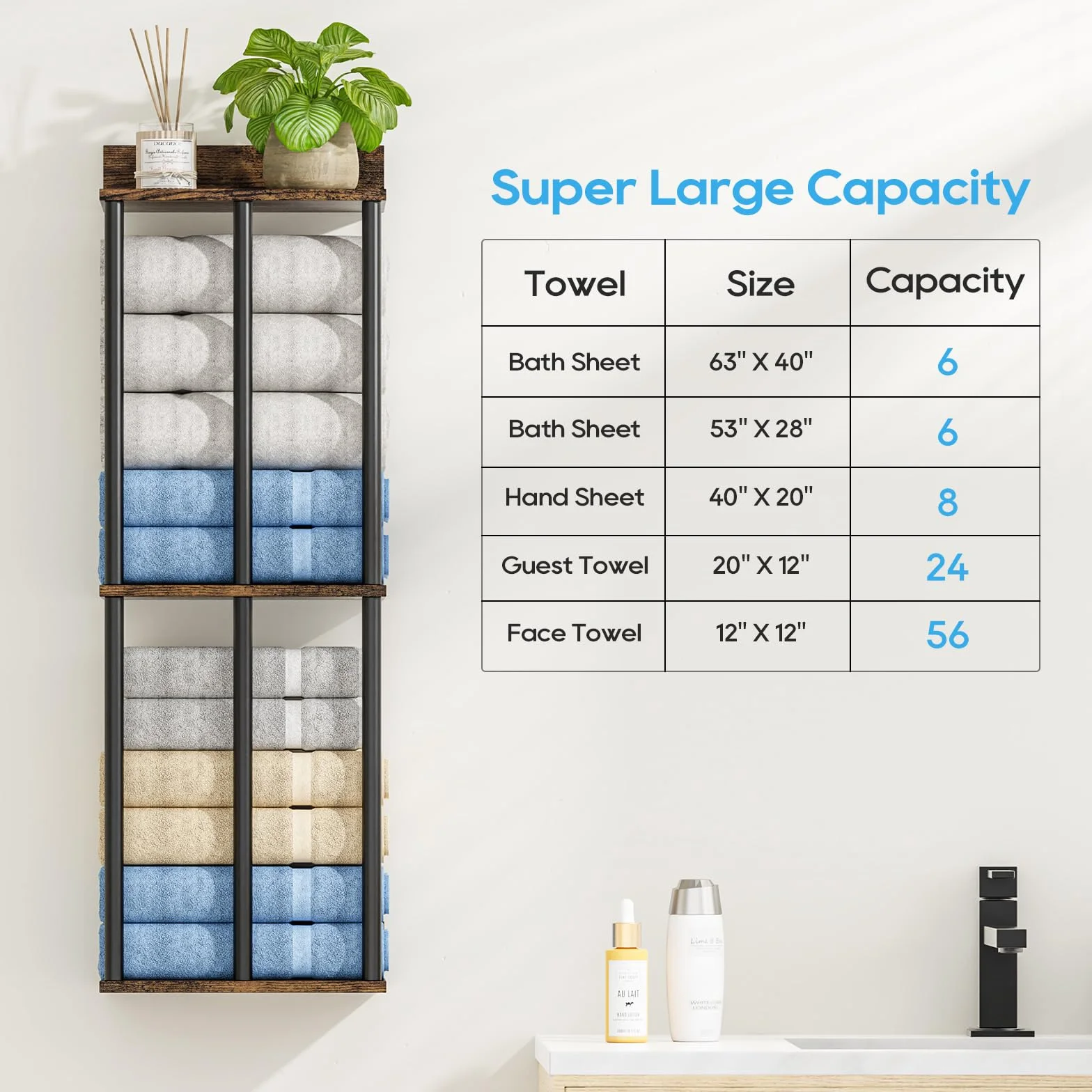 Soporte para Toallas de Pared con Estante de Madera - Organizador de Baño con 3 Barras, Gran Capacidad y Fácil Instalación - Ideal para Toallas Enrolladas - Marrón
