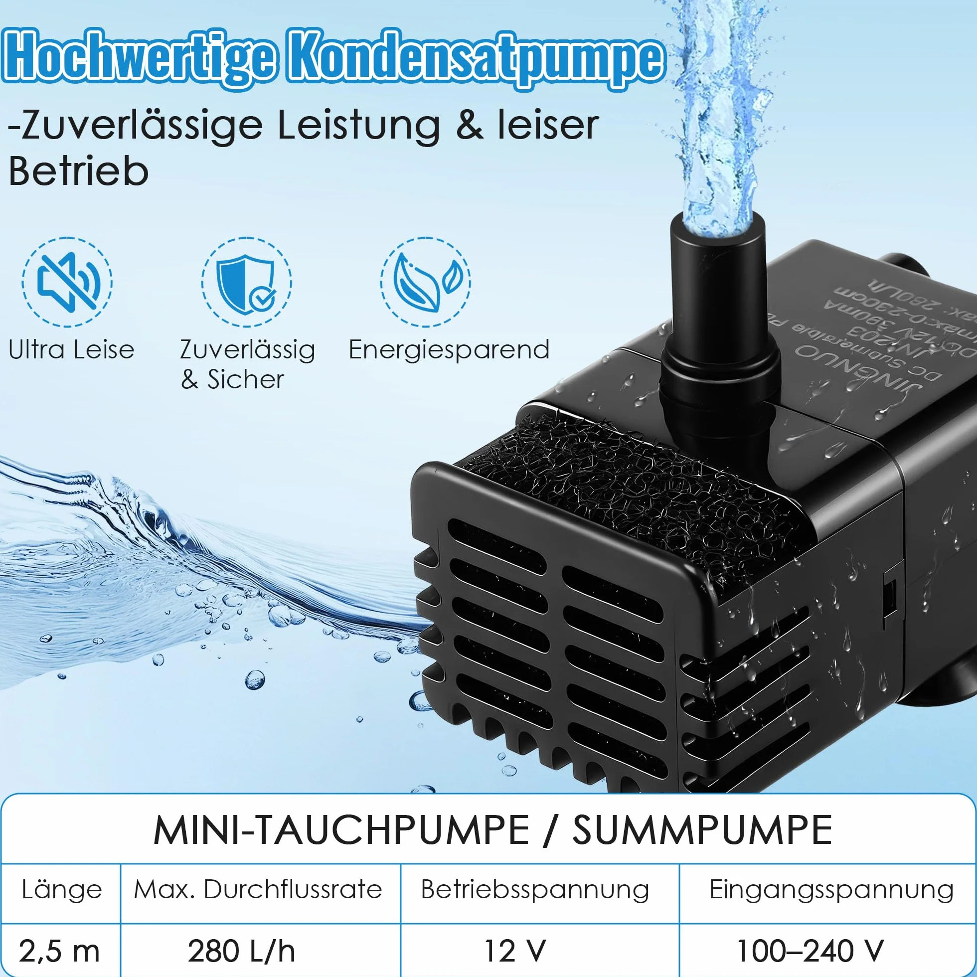Weewooday Bomba mini automática con sensor de agua, manguera 2,5 m y válvula, 280 L/h para aire acondicionado, deshumidificador, sótano, máquina de hielo automática & silenciosa