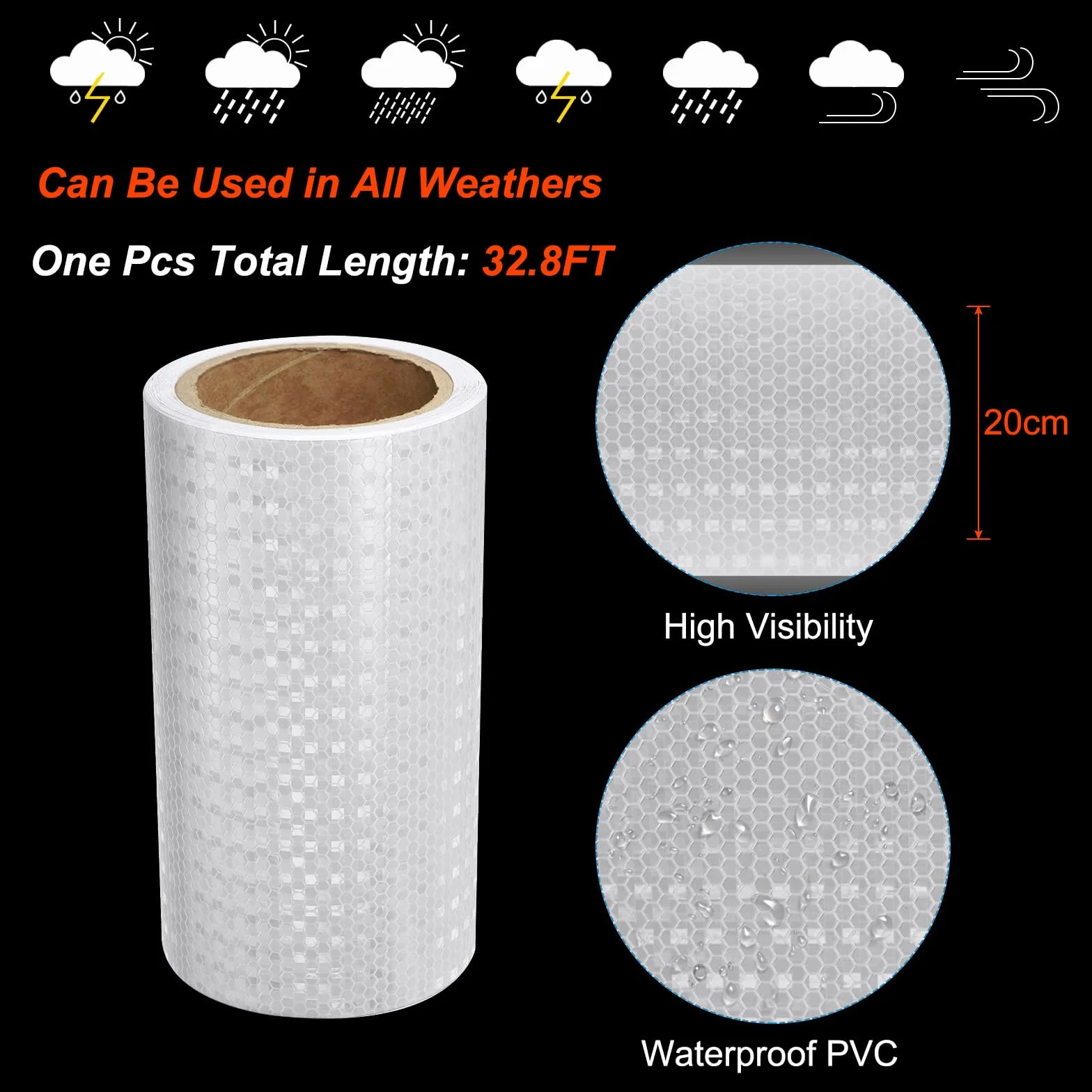 PATIKIL Cinta Reflectante Adhesiva, 20cm x 10m PVC Cinta de Advertencia de Seguridad de Alta Visibilidad Impermeable para Nocturna Camiones Coches Ropa, Blanco
