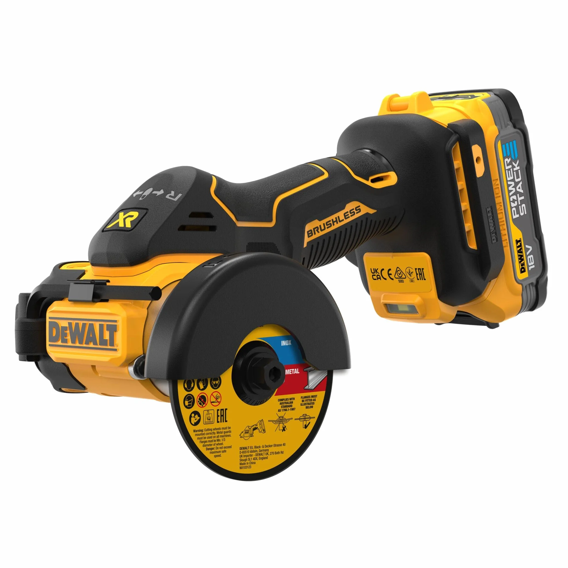 DEWALT DCS438E2T-QW - Cortadora multimaterial 18V Powerstack, Ø de disco 76mm, Motor sin escobillas, M10, Incl. cubierta protectora, 3x discos de corte, 2x baterías Powerstack de 1,7 Ah, Cargador