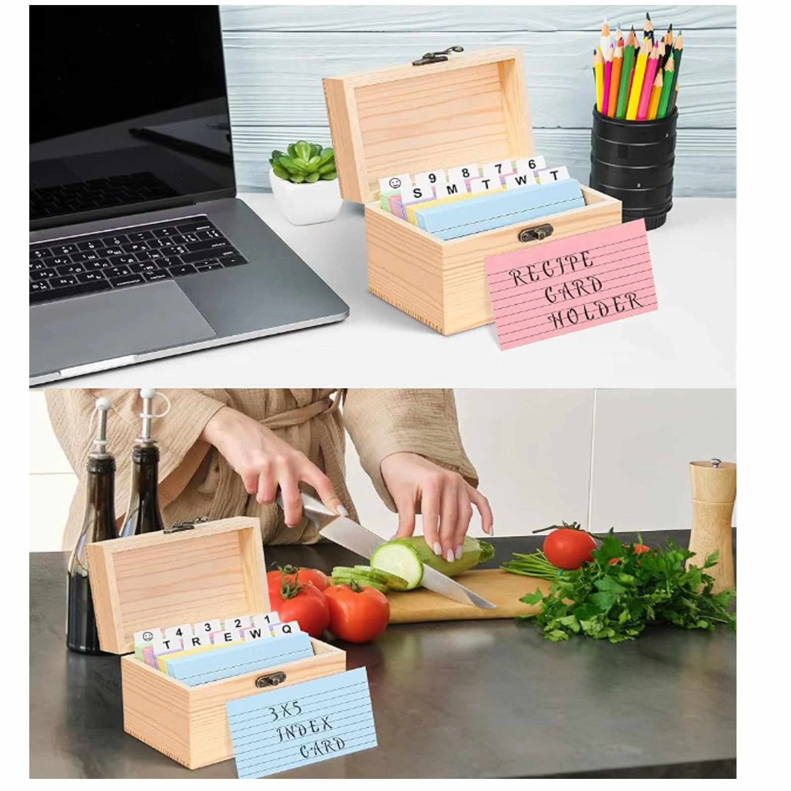 Cajas de recetas de madera con tarjetas, soporte para recetas, organizador de tarjetas de notas, para cocina