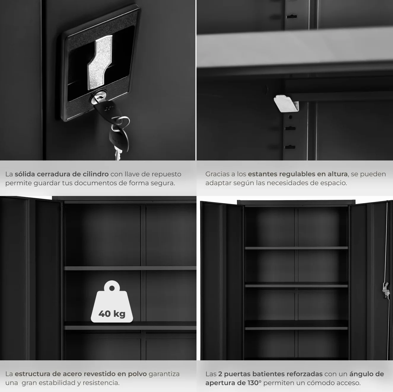Armario Archivador con Cierre de Seguridad 4 Alturas Cajones Ajustables Mueble Oficina Acero 140x40x90cm Negro
