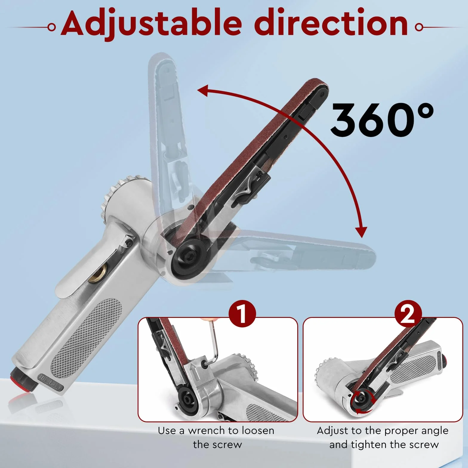 EFUTURETIME Lijadora de Banda Neumática de 16000 RPM, 33cm Lijadora Neumatica Portátil Ángulo Regulable con 25 Bandas de Lijado de 10 mm (G60 x 7, G80 x 6, G100 x 6, G120 x 6)