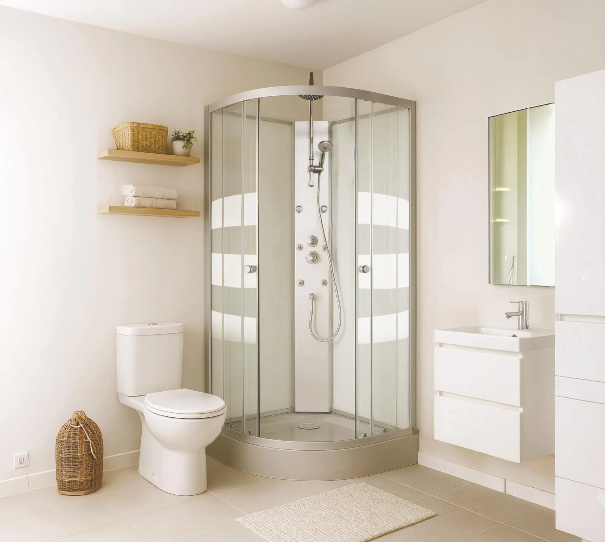 Cabina de ducha hidromasaje AMELIA - 1/4 de círculo - Perfiles de aluminio gris - Base gris - Kit de montaje incluido - Drenaje de 90mm - Sin manguera de conexión - 90x90x224 cm