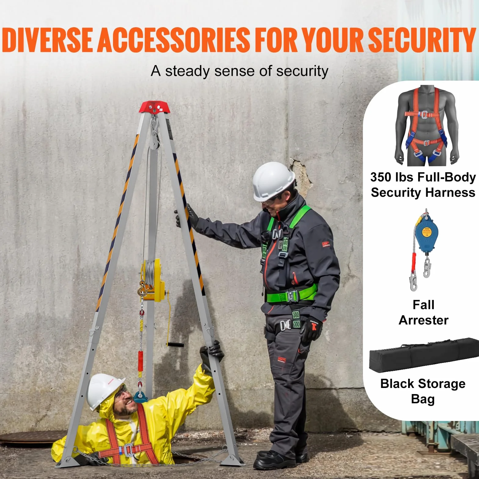 VEVOR Kit de trípode para espacios confinados, trípode de rescate de 2500 lbs, patas de 1,6 a 2,45 m, cable de 30 m, protección contra caídas de 32,8', arnés, bolsa de almacenamiento