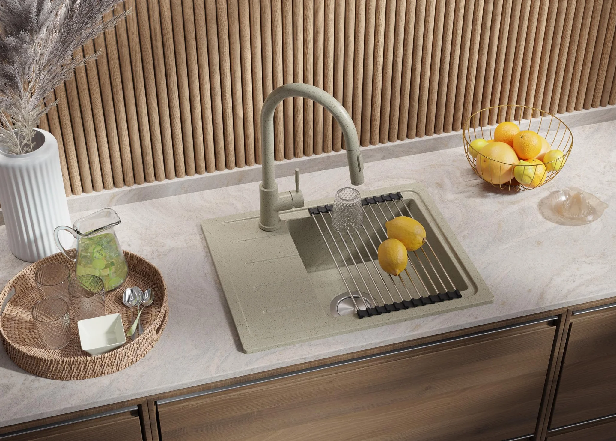 PRIMAGRAN Fregadero Cocina Beige - Copenhague Easy, 55x44cm | Granito 1 Seno + Sifón, sobre Encimera al Mueble 45cm (S006)