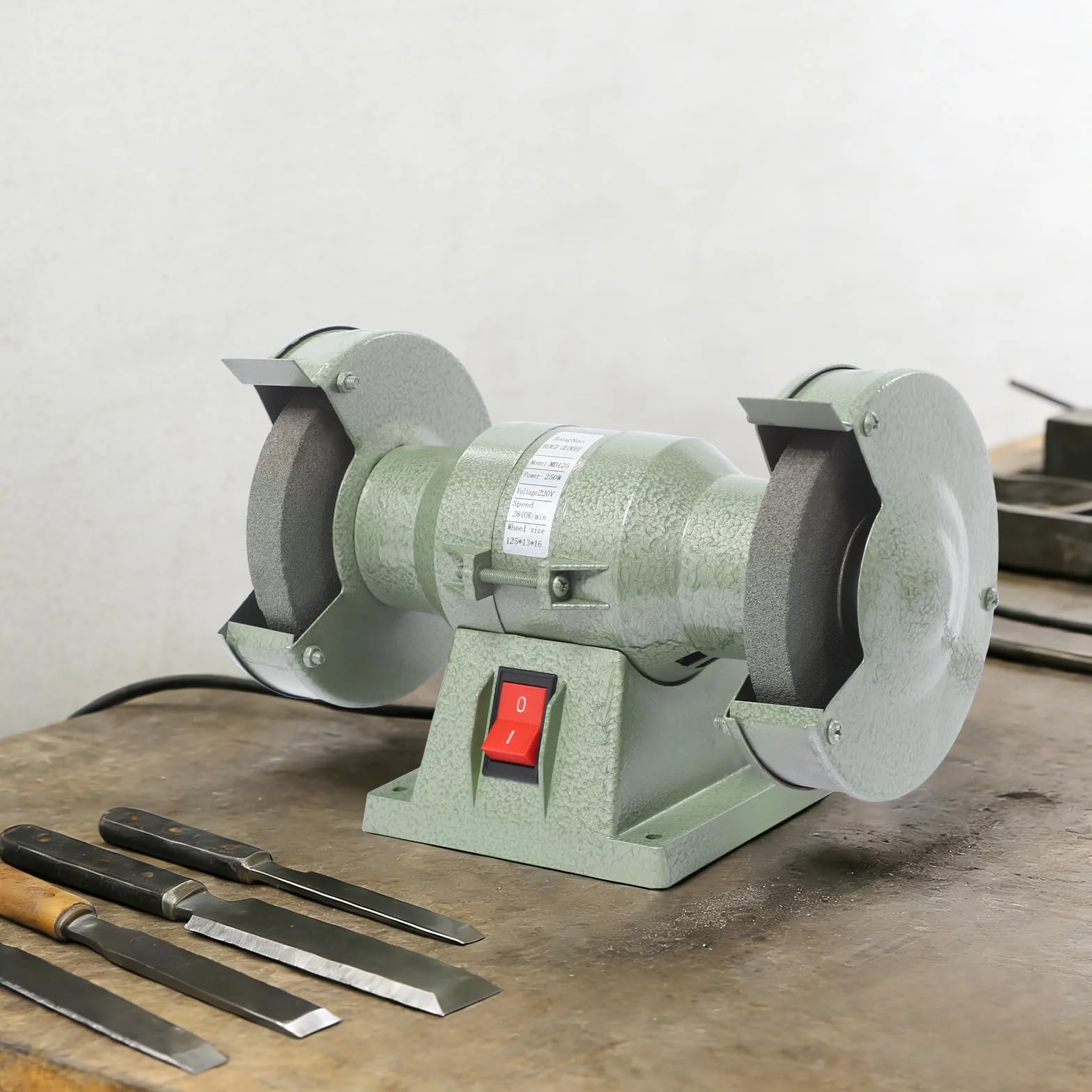 Amoladora doble, 125 mm de diámetro, motor de 250 W, 2800 rpm, amoladora doble, velocidad lineal segura: 40 m/s, base estable, para afilar cuchillos, cinceles y herramientas de tallado