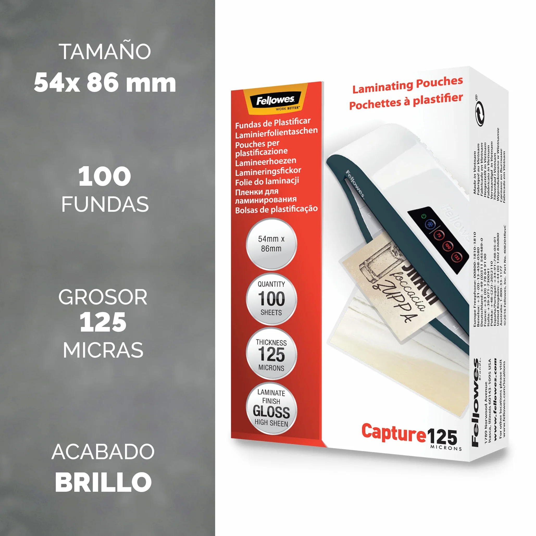 Fellowes Fundas de Plastificar 54x86mm 250 micras 100 hojas brillo