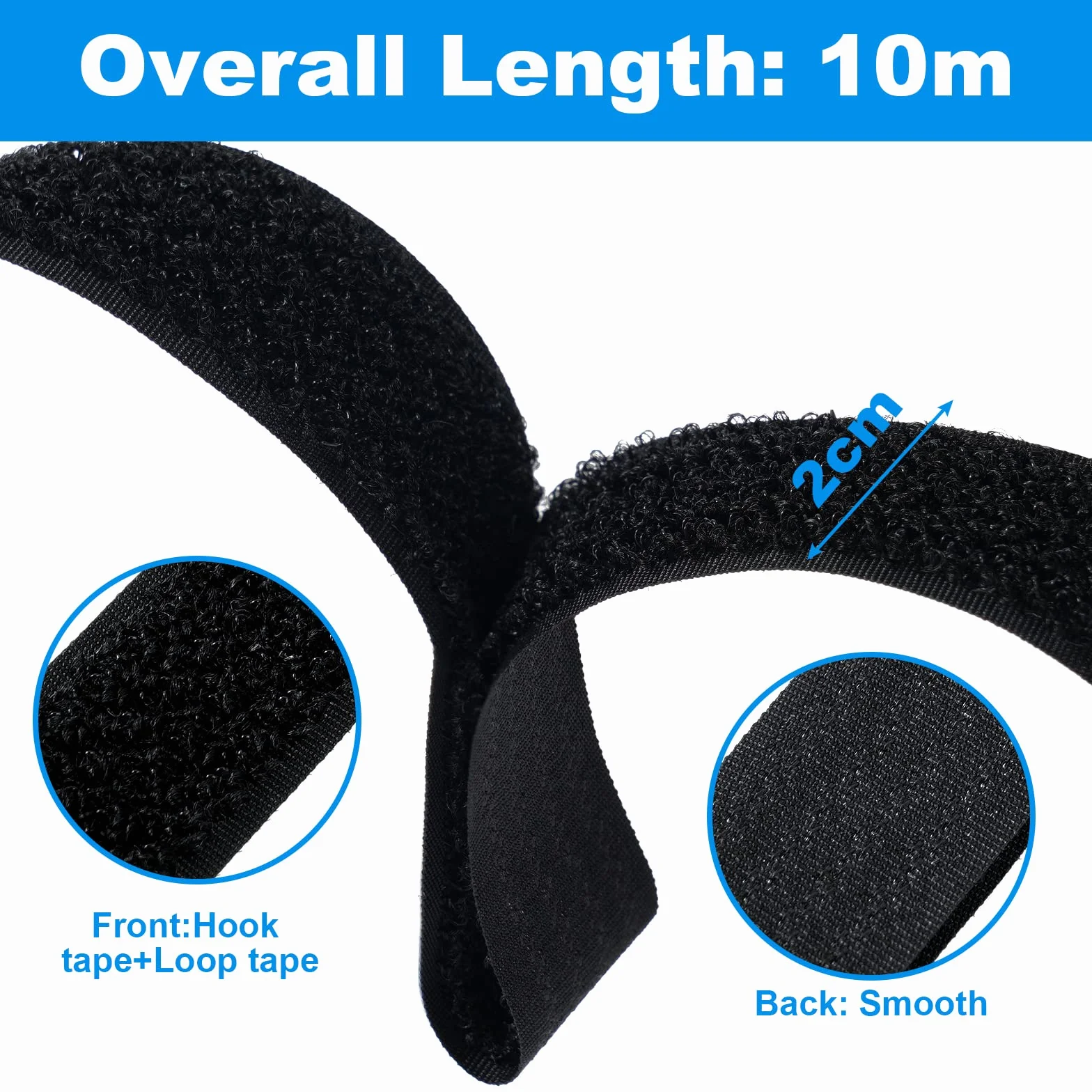 Ainiv Bridas Reutilizables de 10m con 50 Hebillas, 1 Rollo Bridas para Cables, Sujeta Cables Correas Corte Libre, Gancho y Bucle Organizador Cables Multiusos para Oficina, Hogar (10m x 2cm, Negro)