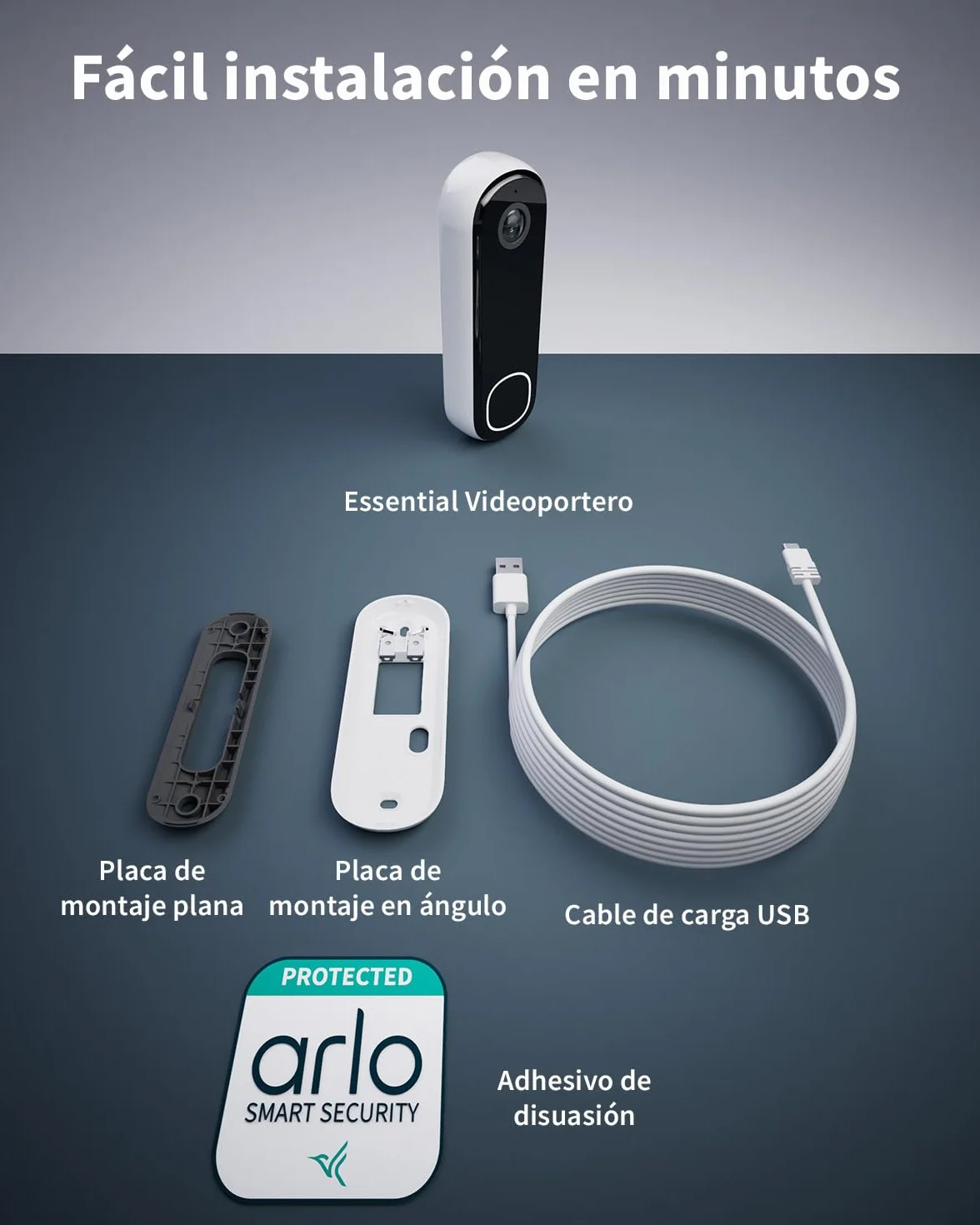 Arlo Essential FHD Videoportero WiFi, Cámara Exterior con Timbre, Detector de Movimiento, Visión Nocturna, Audio Bidireccional, Blanca