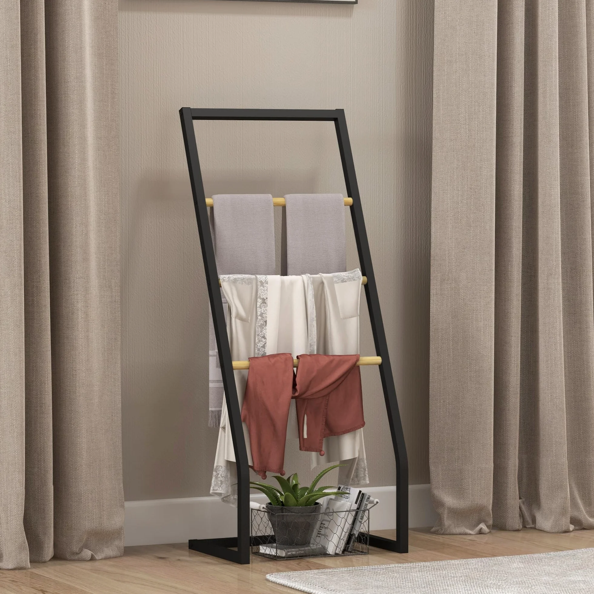 HOMCOM Toallero de Pie Toallero para Baño con 4 Barras de Bambú y Acero para Lavadero 40,5x28x98 cm Negro y Natural