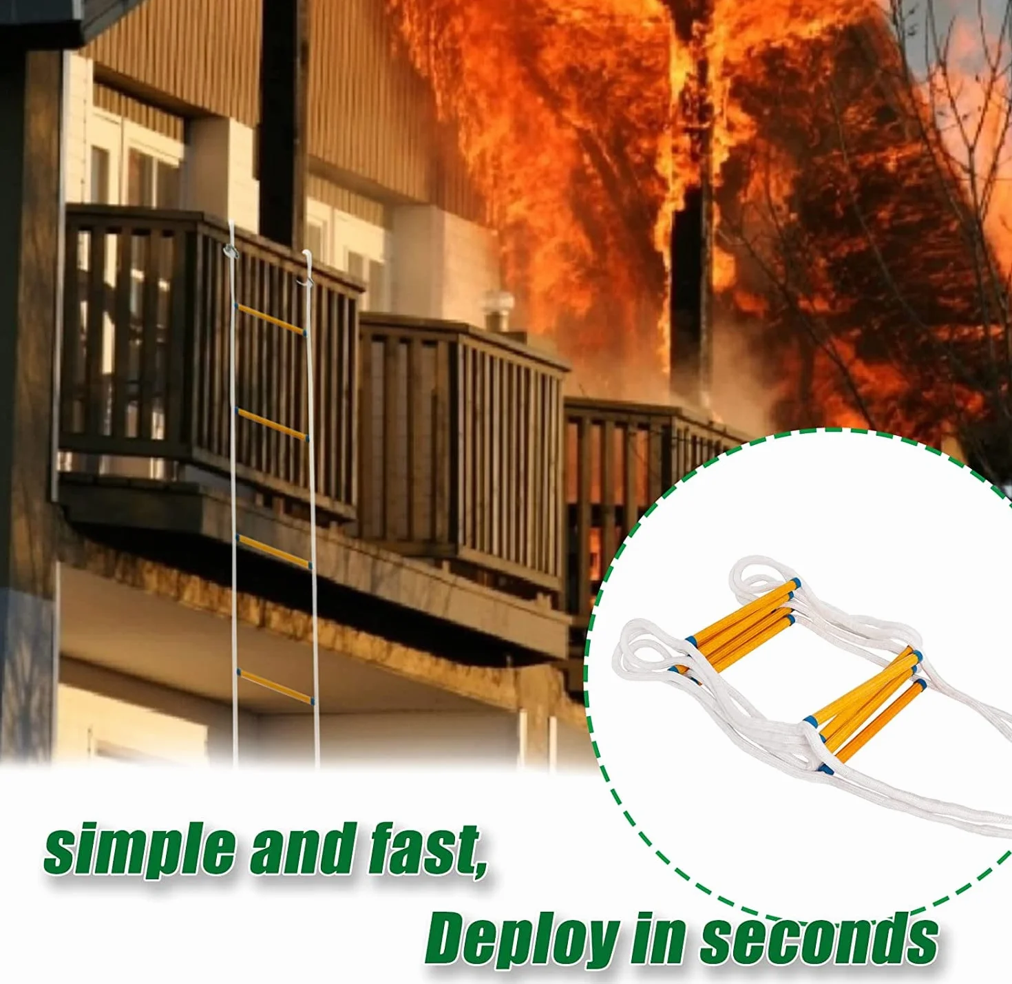 Escalera de Cuerda de Escape de Incendio 5.2m, Escalera de Escape de Emergencia con Mosquetón para 2 Pisos Casa, Casa del Árboles, Balcón y Barandilla, Capacidad de Peso de hasta 900kg Poweka