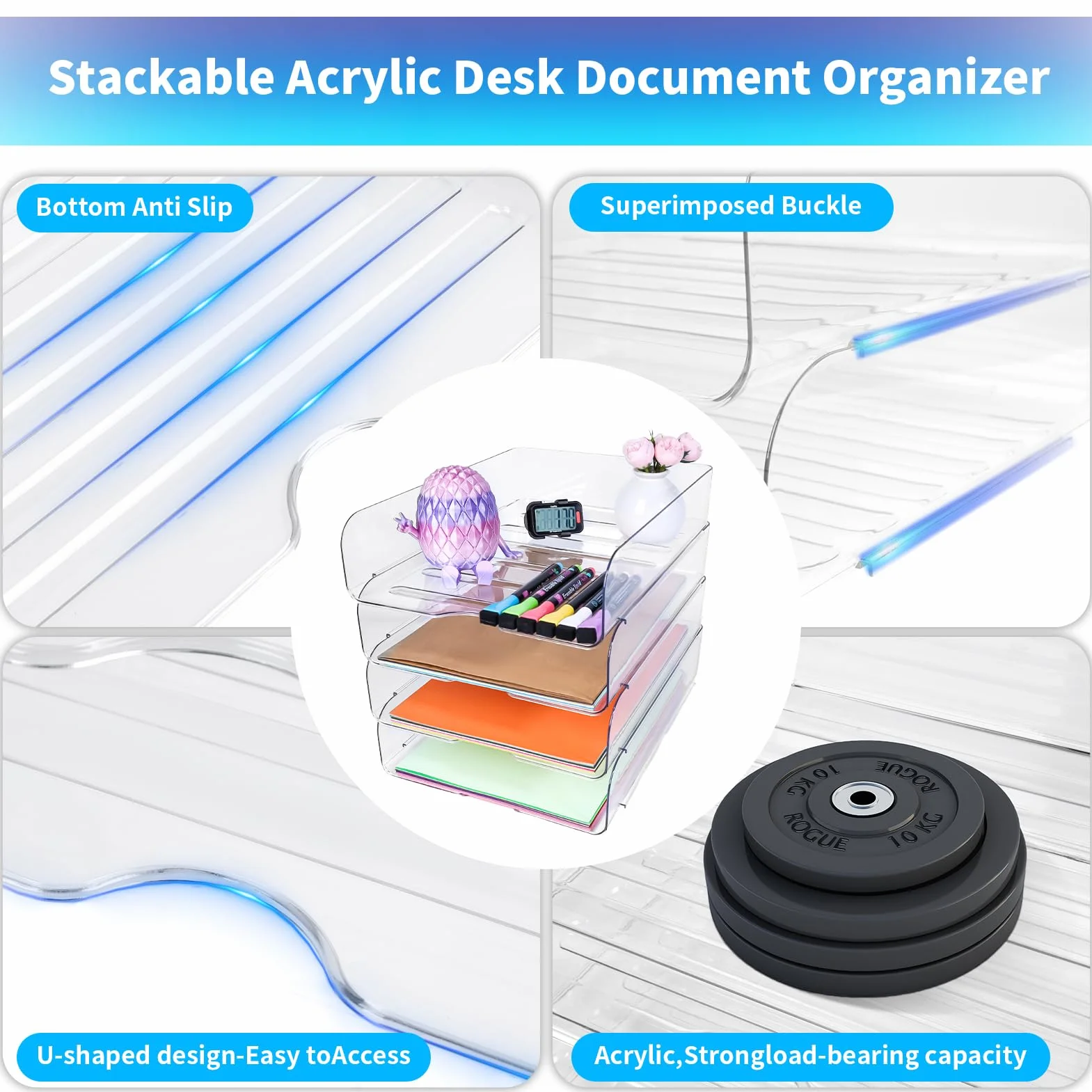 Organizador de escritorio transparente apilable 4 bandejas para archivos A4, iPad, cartas