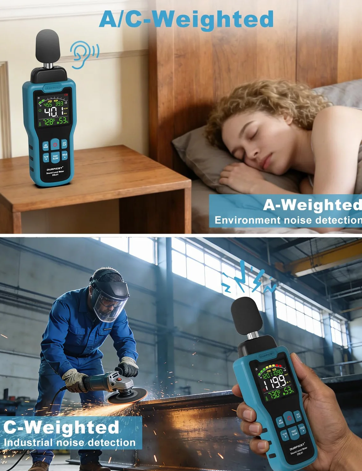 Sonometro, DURFICST Medidor de Decibelios con Temperatura y Humedad, Rango de 30-130 dB, Decibelimetro con Pantalla LCD a Color, Ponderación A/C, Unidad dB/SON, Respuesta RÁPIDA/LENTA, para Doméstico